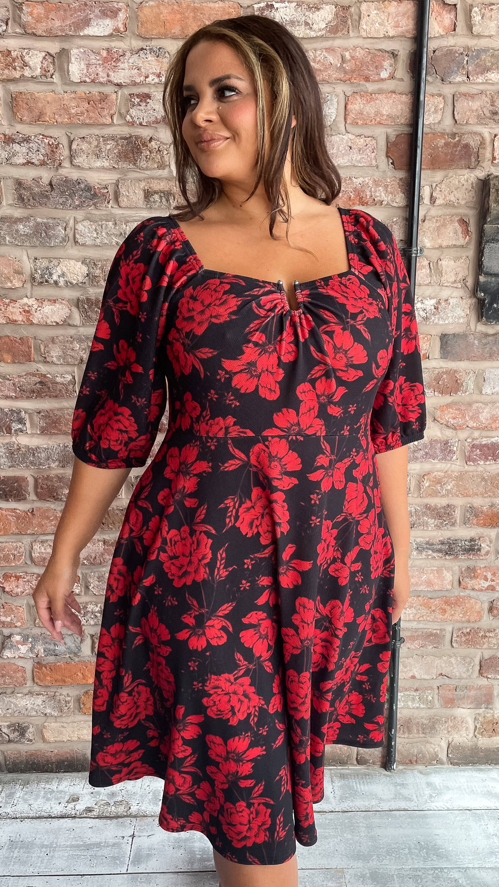 CurveWow Ubar Midi Dress Red Rose Print