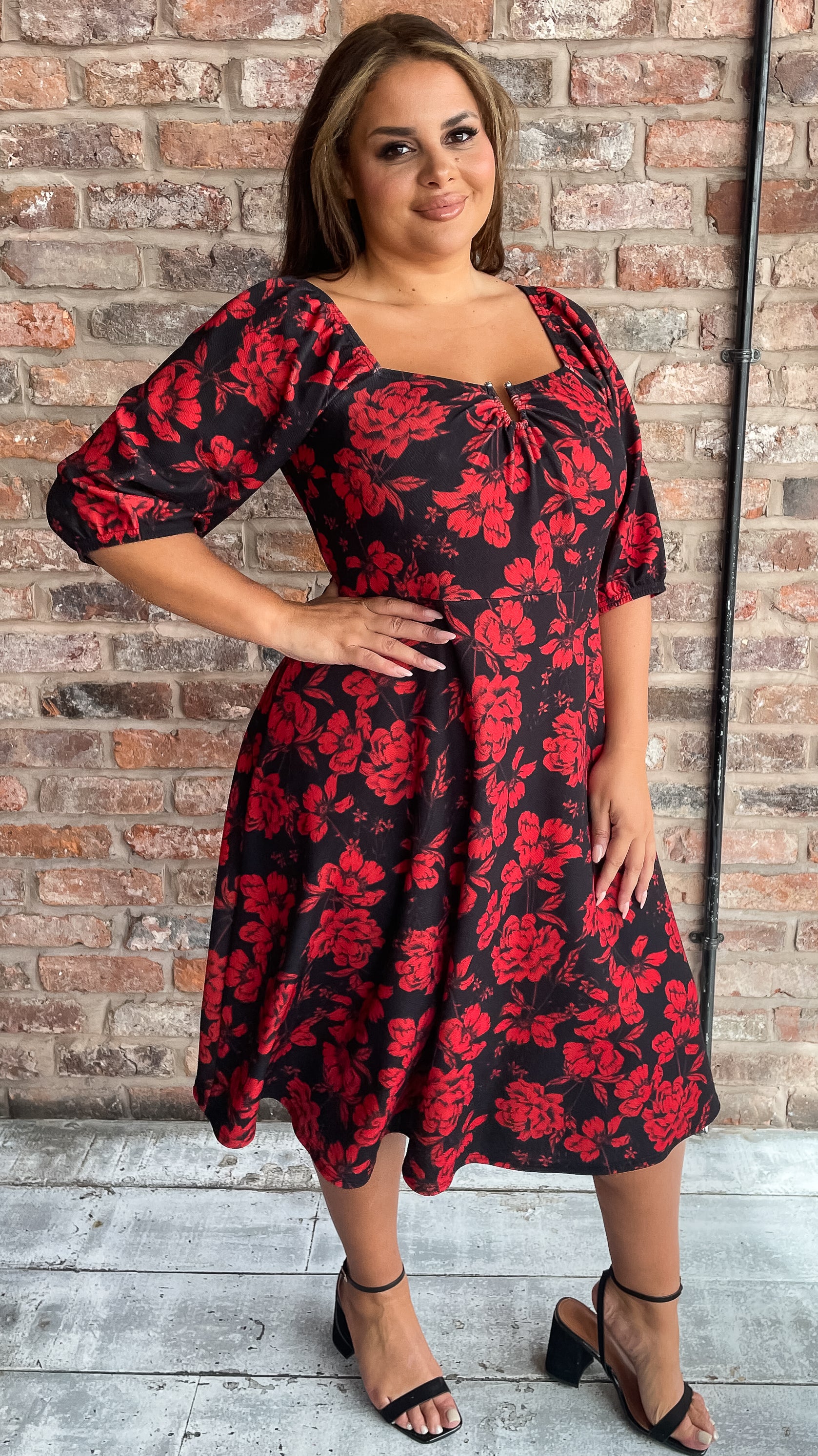 CurveWow Ubar Midi Dress Red Rose Print