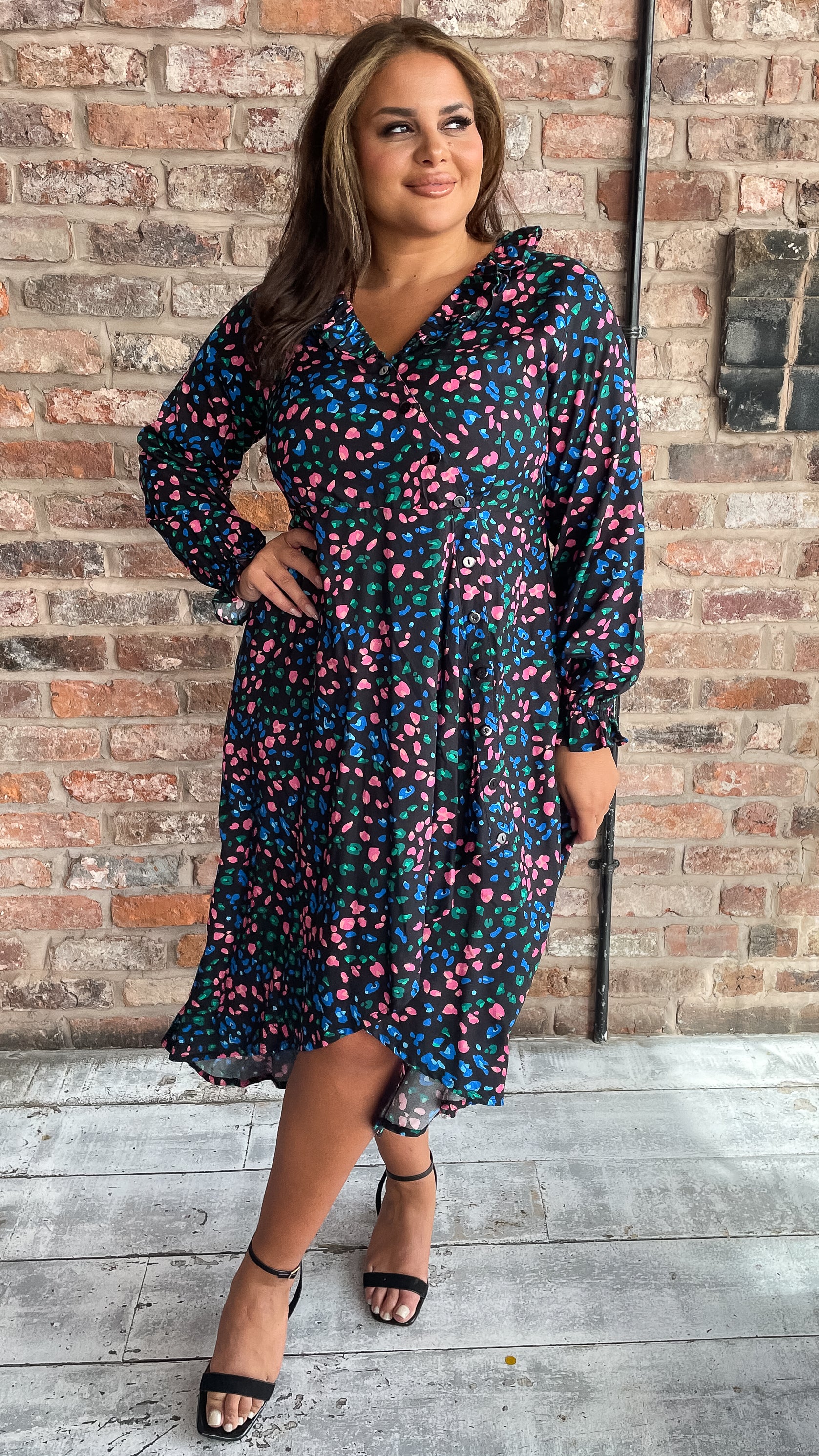 CurveWow Dip Hem Frill Neck Dress Multi Animal