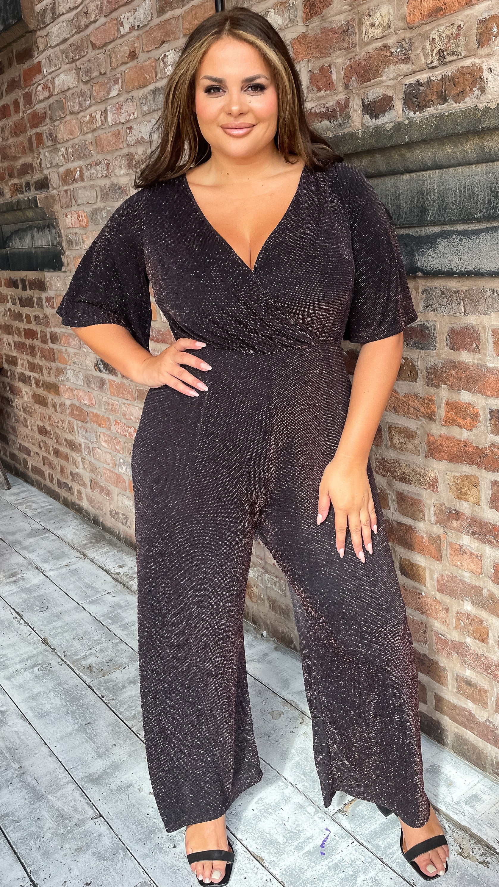 CurveWow Sparkle Wrap Jumpsuit Black Rose