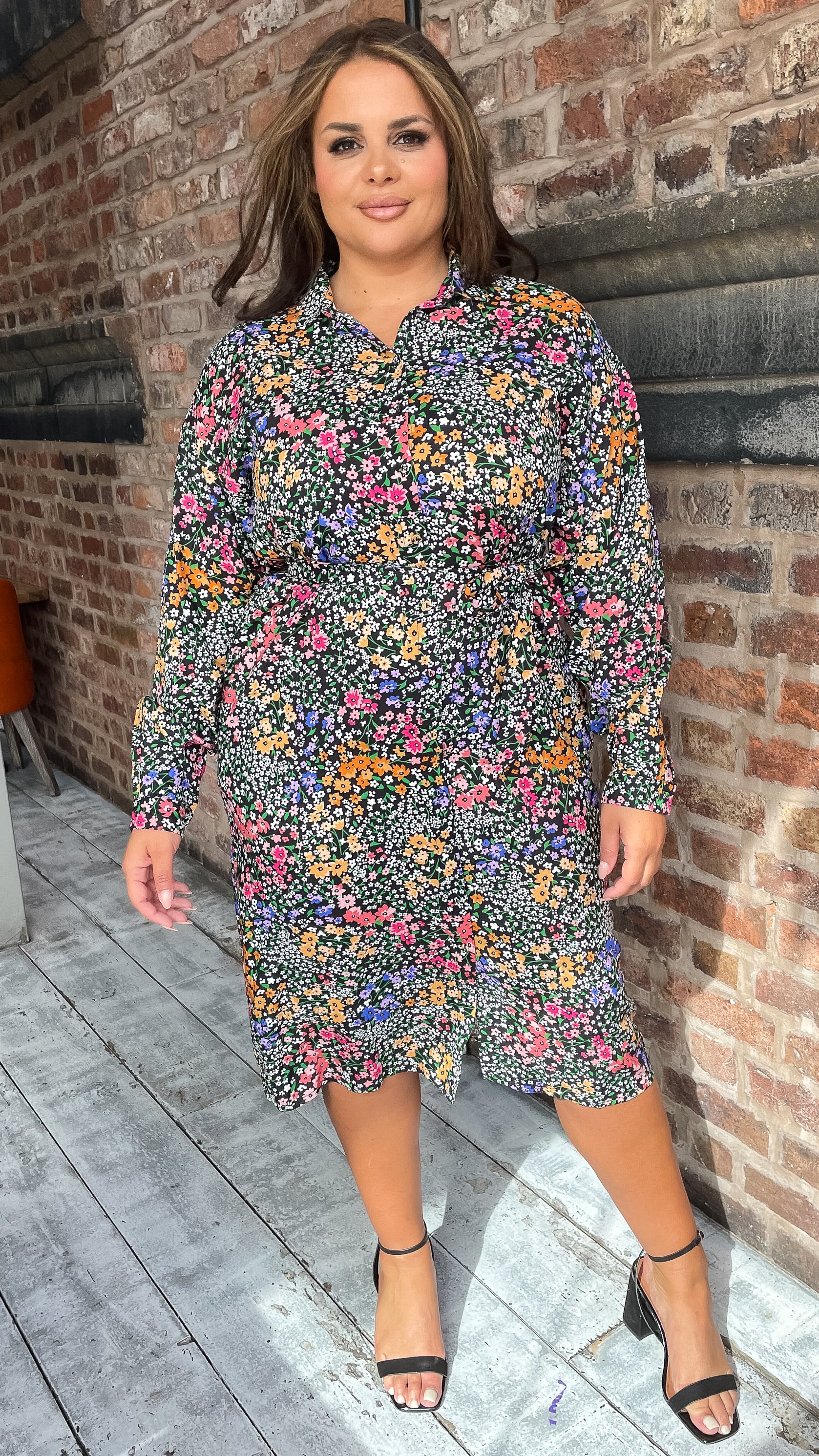 CurveWow Printed Tie Waist Shirt Dress Black Multi Floral Ditsy