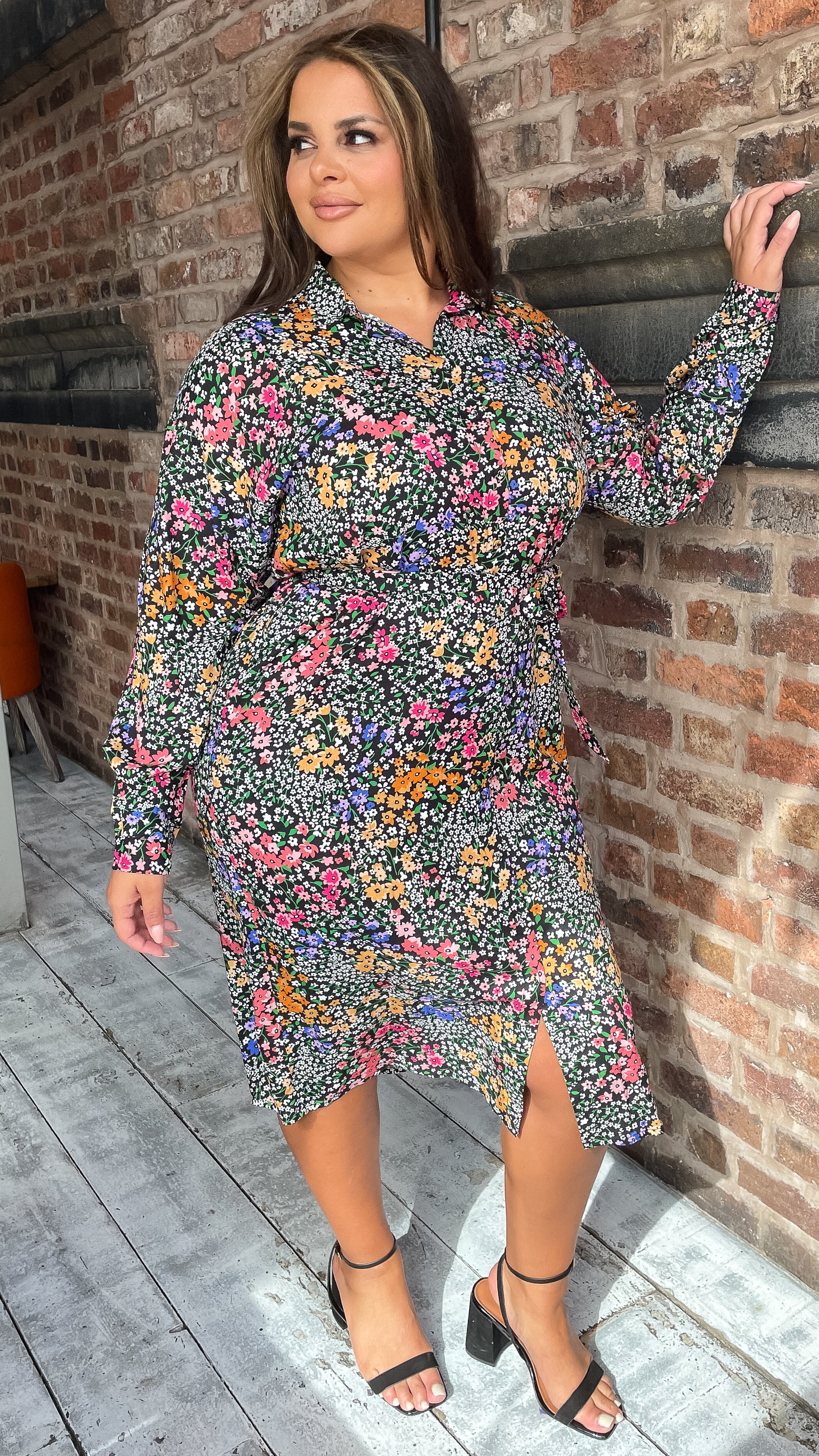 CurveWow Printed Tie Waist Shirt Dress Black Multi Floral Ditsy