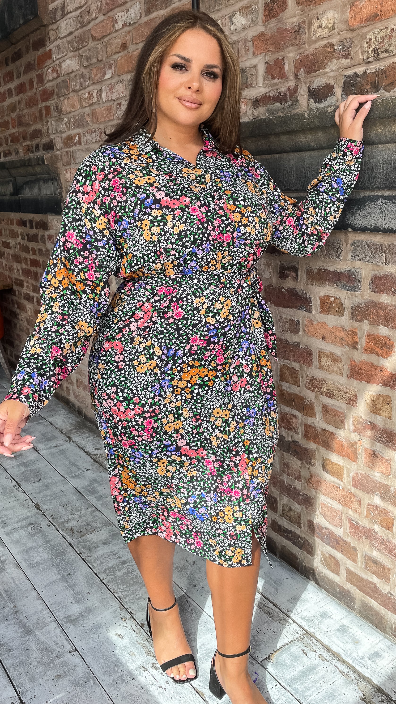 CurveWow Printed Tie Waist Shirt Dress Black Multi Floral Ditsy