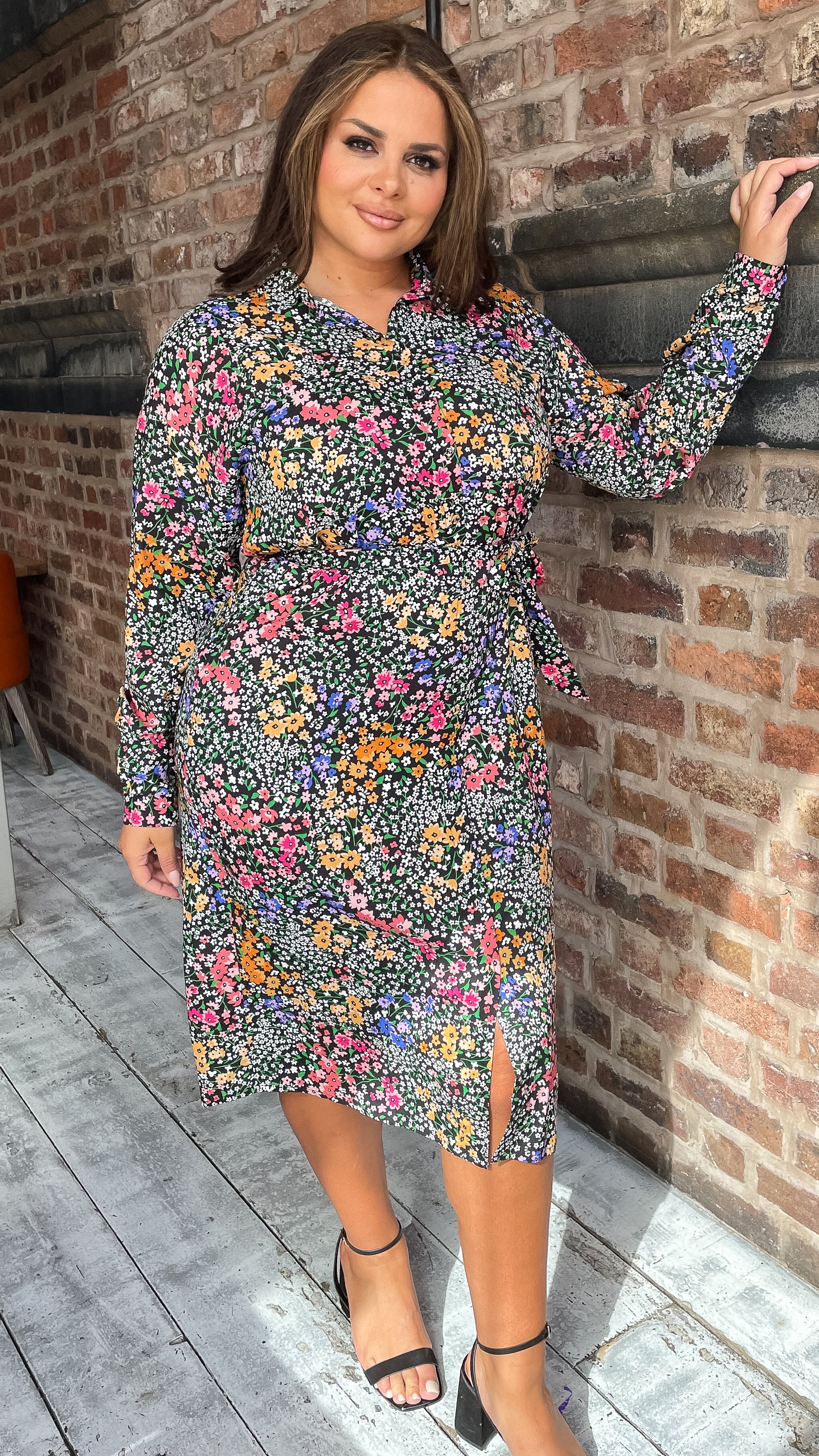 CurveWow Printed Tie Waist Shirt Dress Black Multi Floral Ditsy