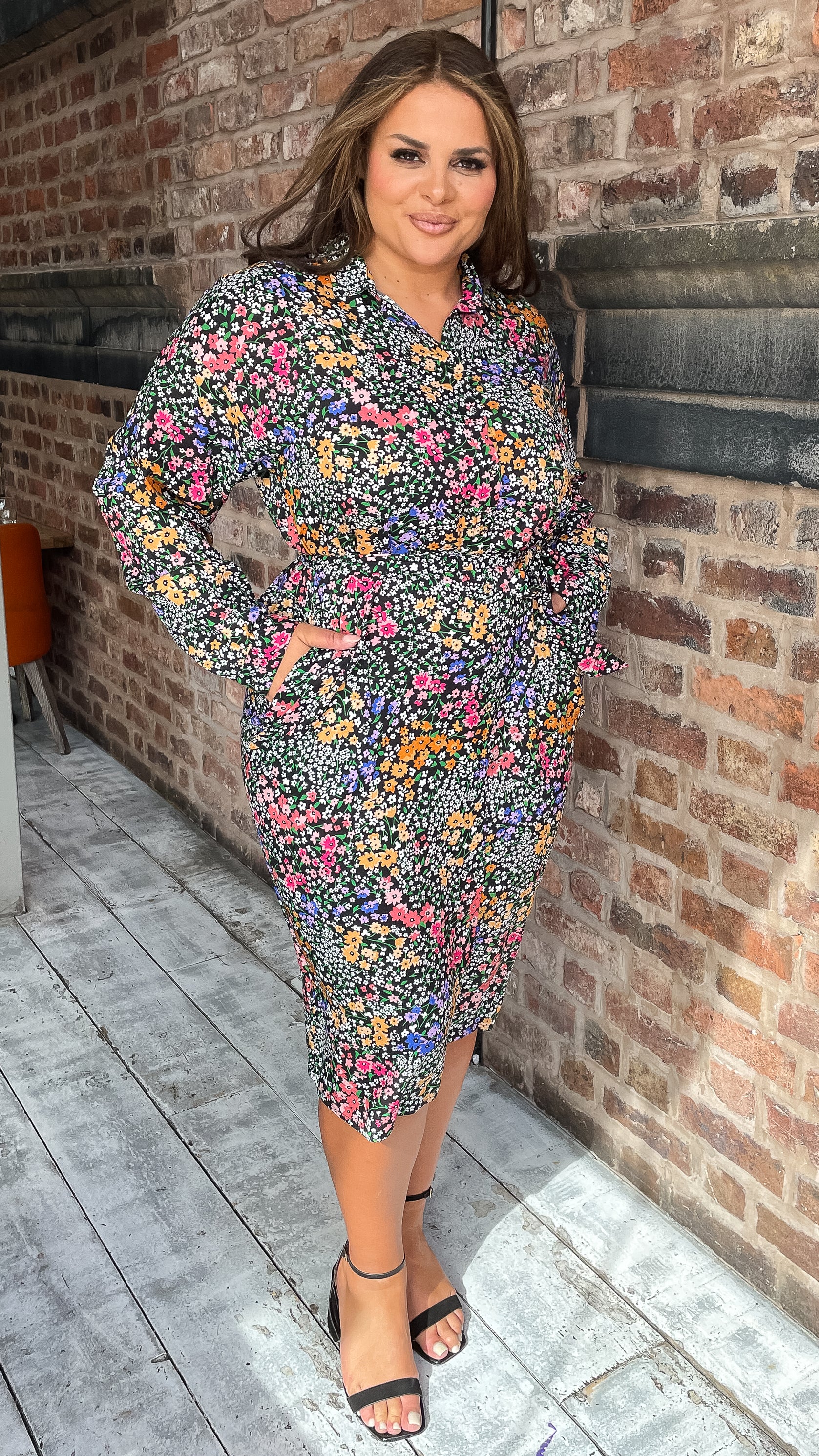 CurveWow Printed Tie Waist Shirt Dress Black Multi Floral Ditsy