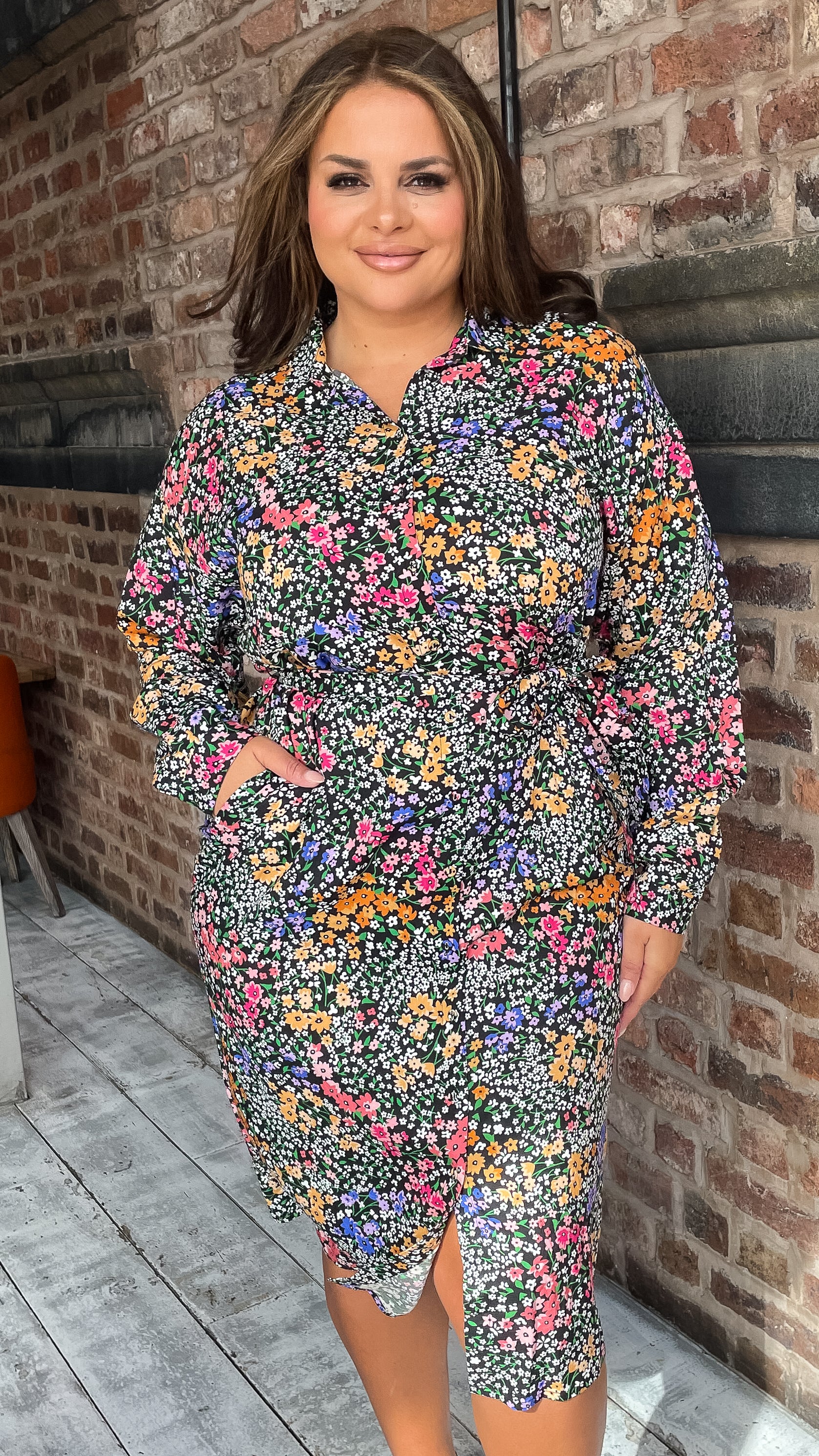 CurveWow Printed Tie Waist Shirt Dress Black Multi Floral Ditsy