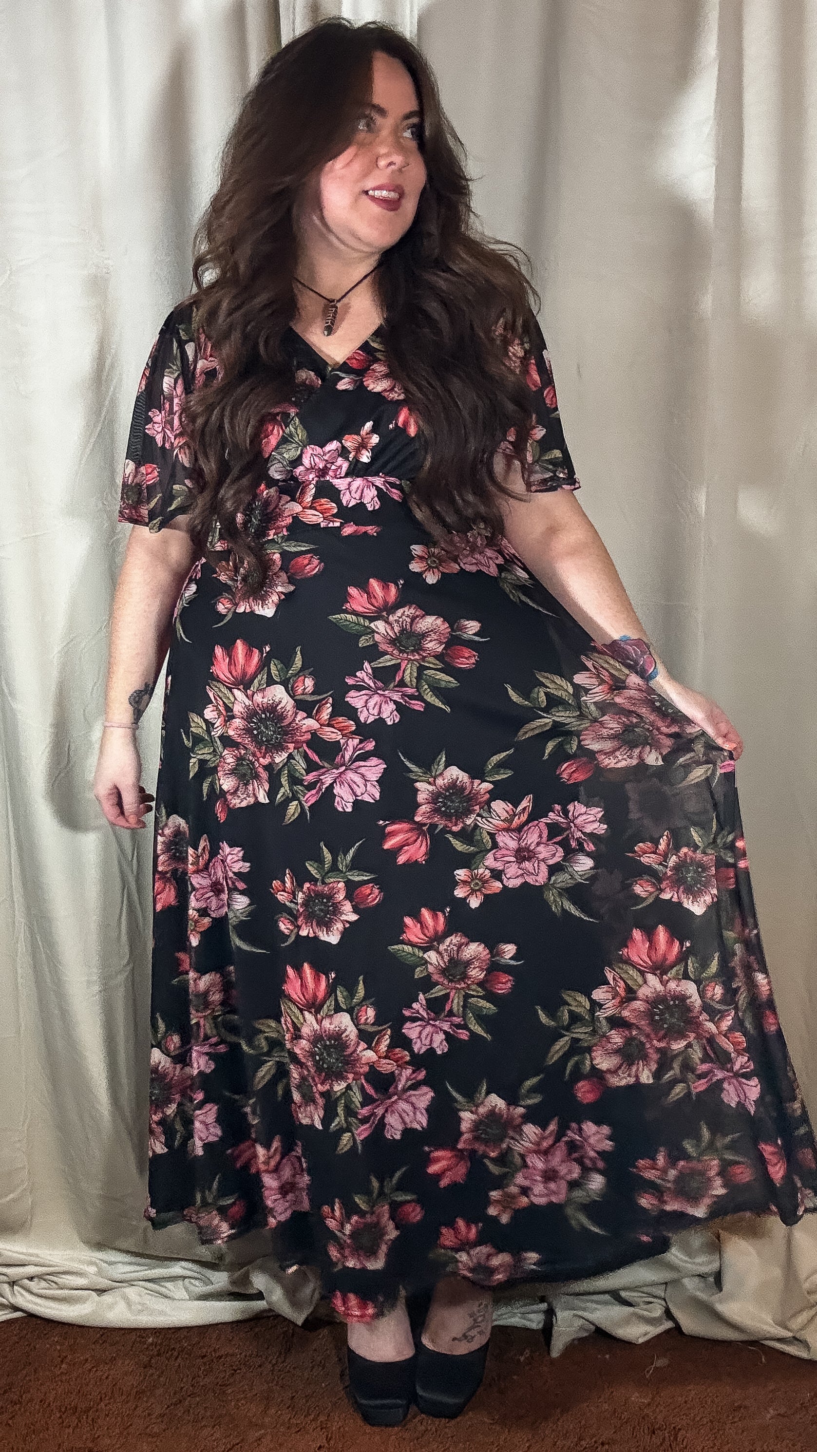 CurveWow Mesh Angel Sleeve Maxi Dress Black Floral