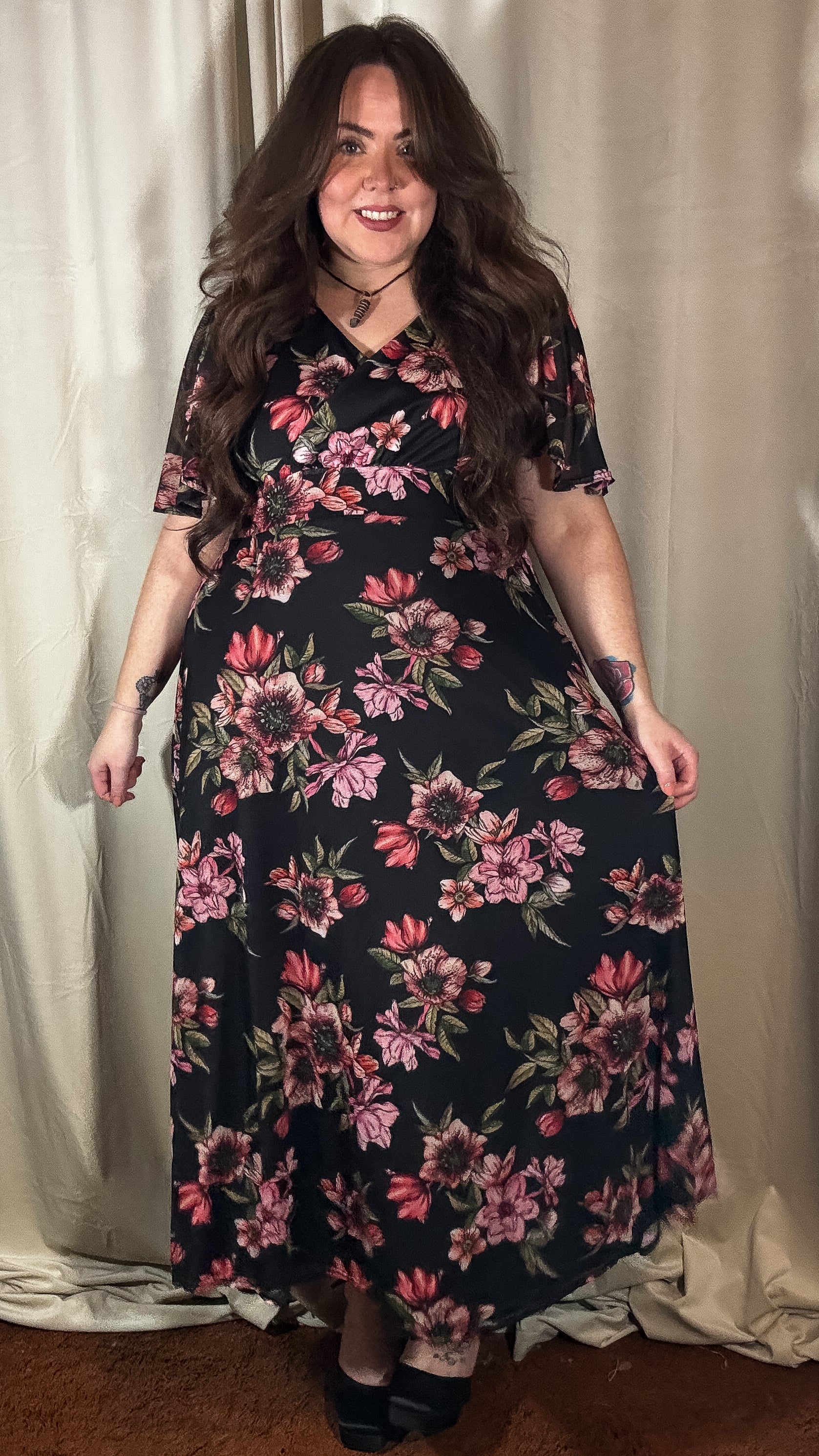 CurveWow Mesh Angel Sleeve Maxi Dress Black Floral