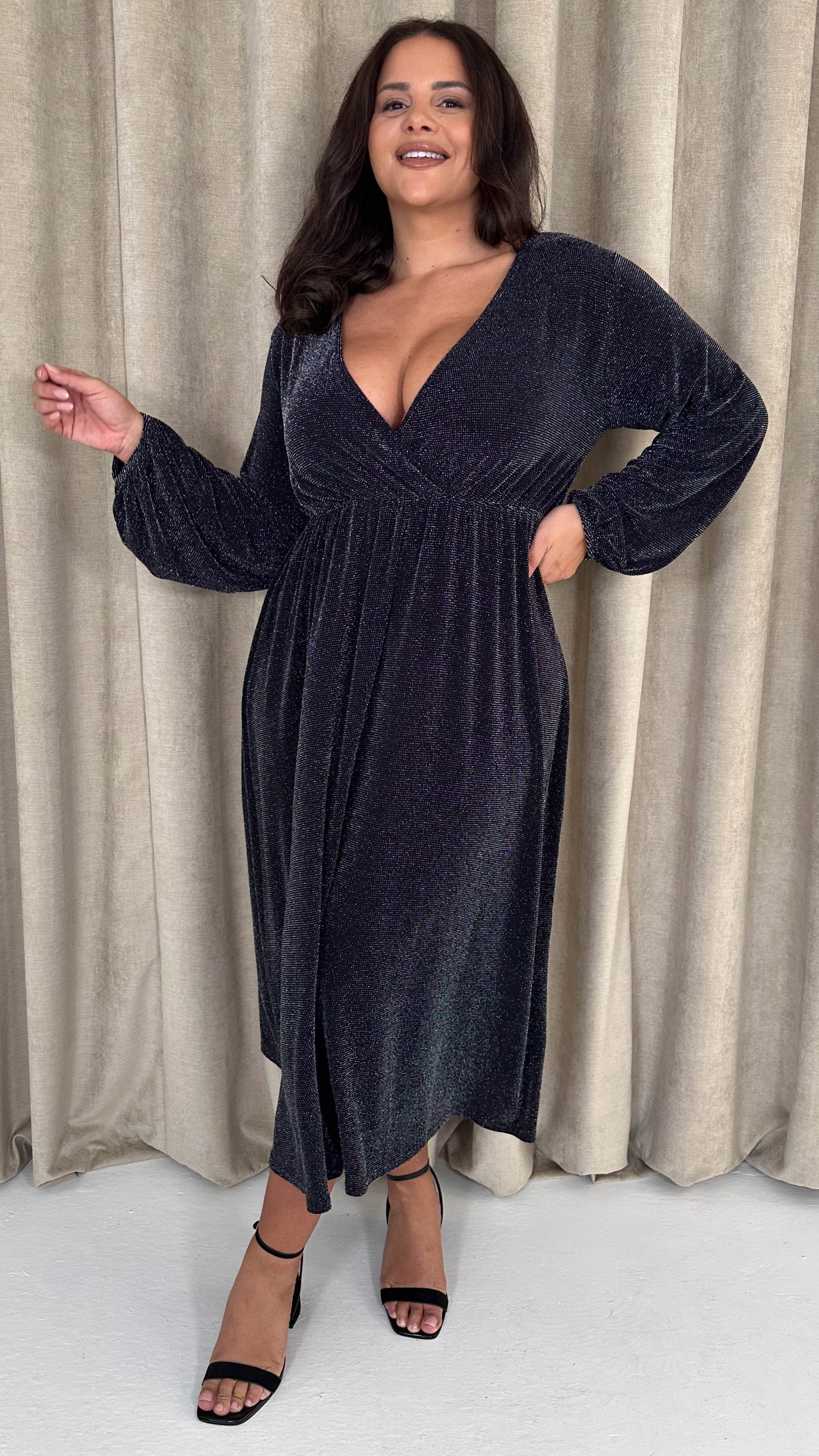 CurveWow Wrap Balloon Sleeve Midaxi Dress Black Silver