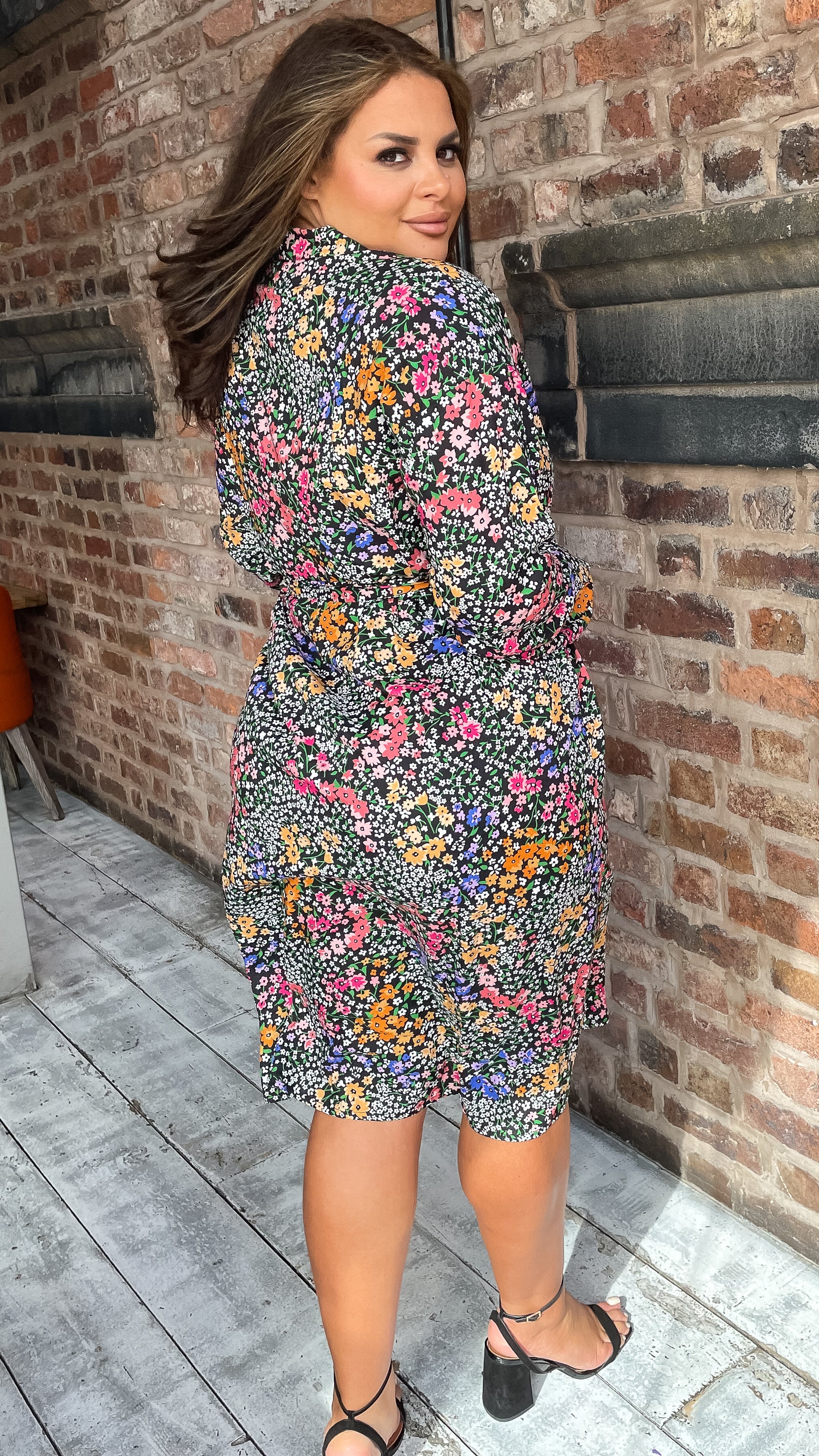 CurveWow Printed Tie Waist Shirt Dress Black Multi Floral Ditsy