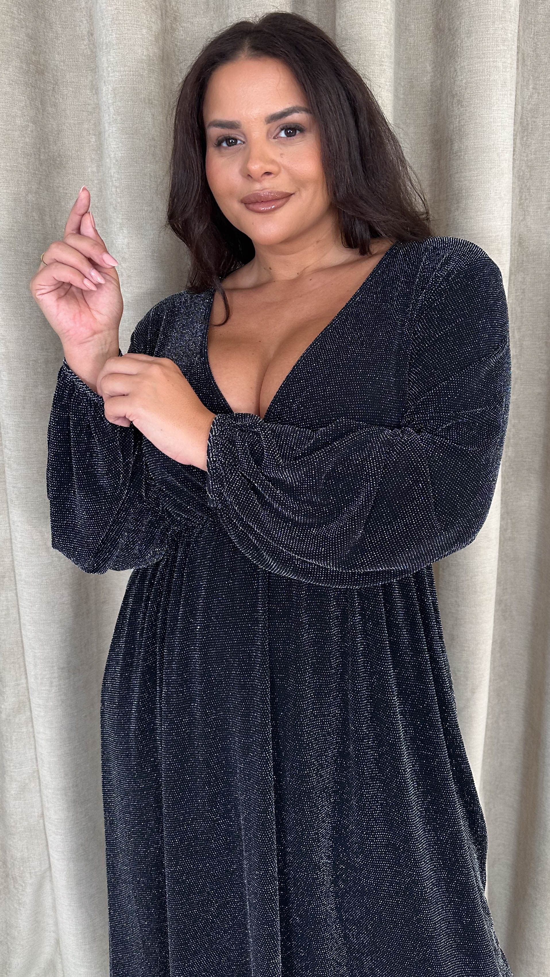 CurveWow Wrap Balloon Sleeve Midaxi Dress Black Silver