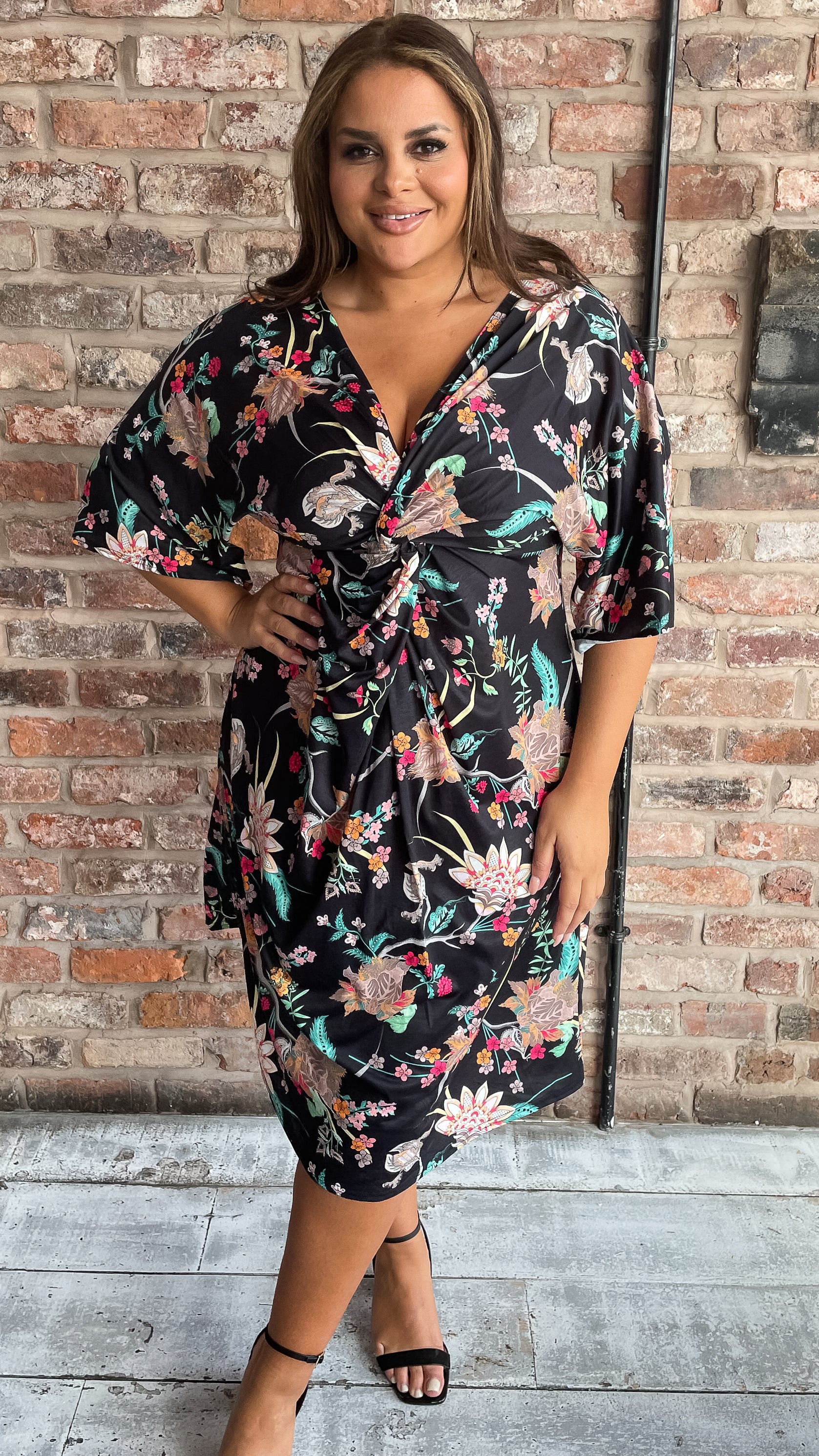 CurveWow Knot Dress Black Oriental Floral