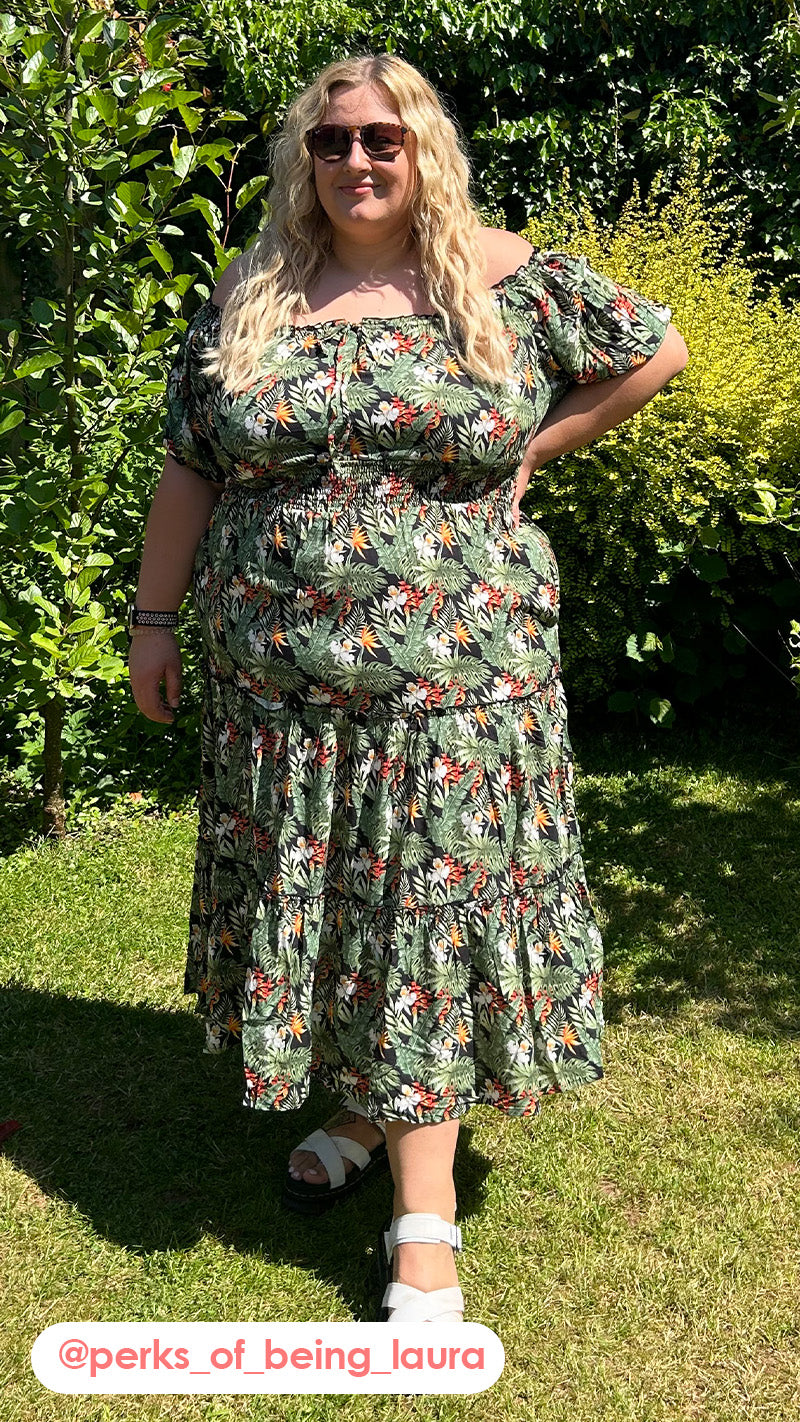 CurveWow Bardot Shirred Waist Midi Dress Black Tropical