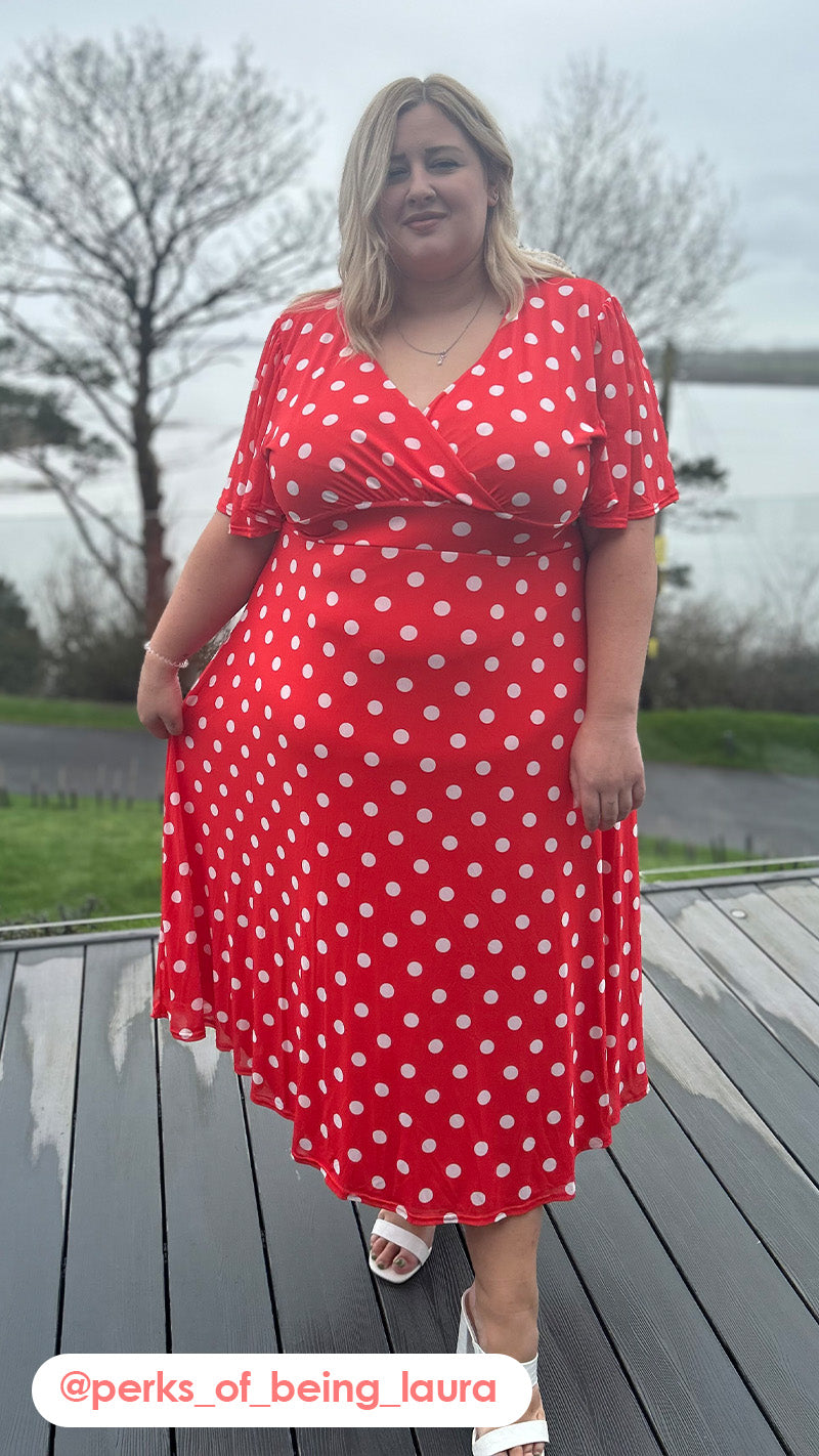 CurveWow Mesh Angel Sleeve Dress Bright Red Spot