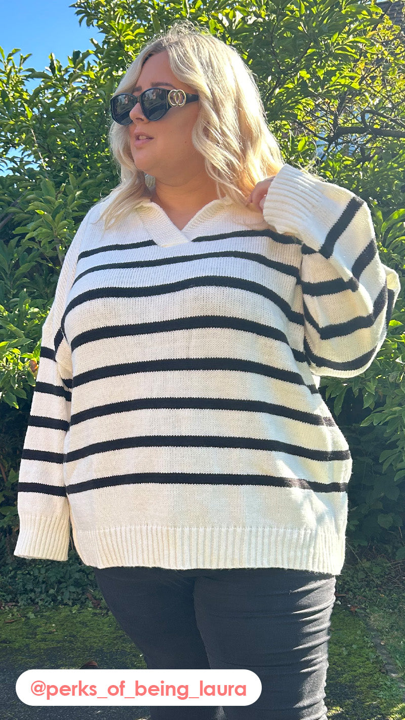 CurveWow Collar Stripe Knitted Jumper Cream