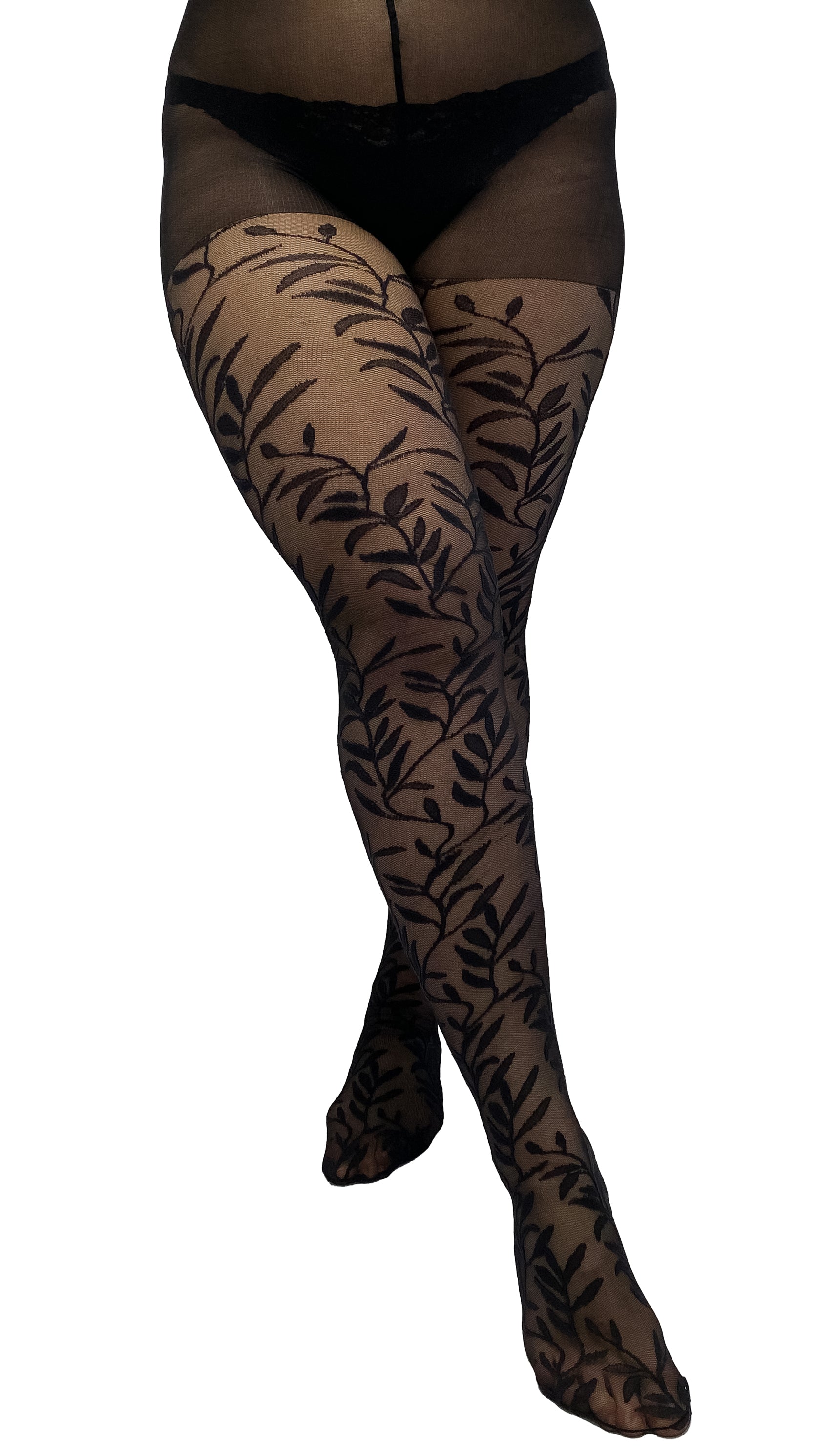 Olive Branch Printed Tights Black