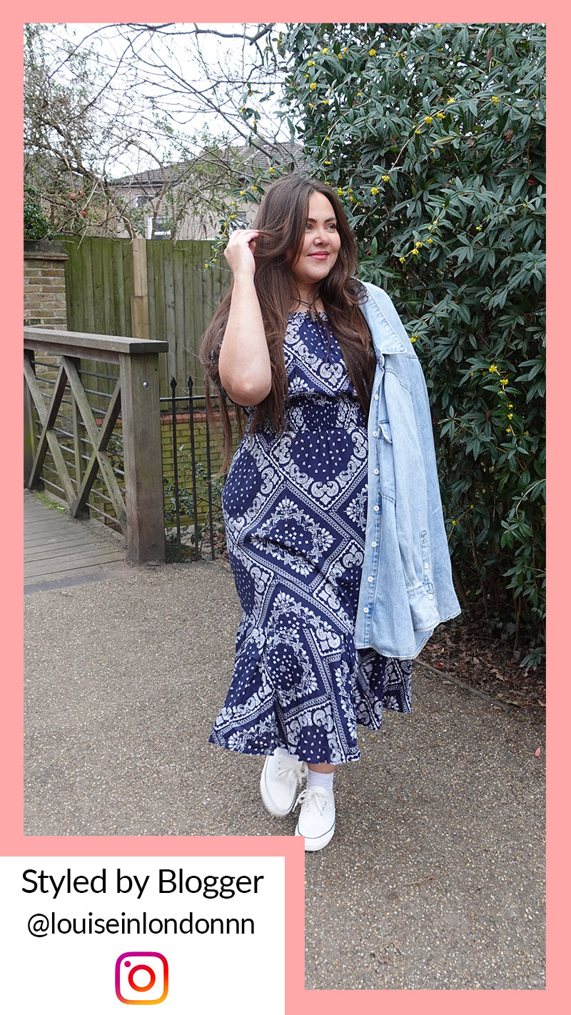 CurveWow Navy & White Paisley Print Bardot Midi Dress