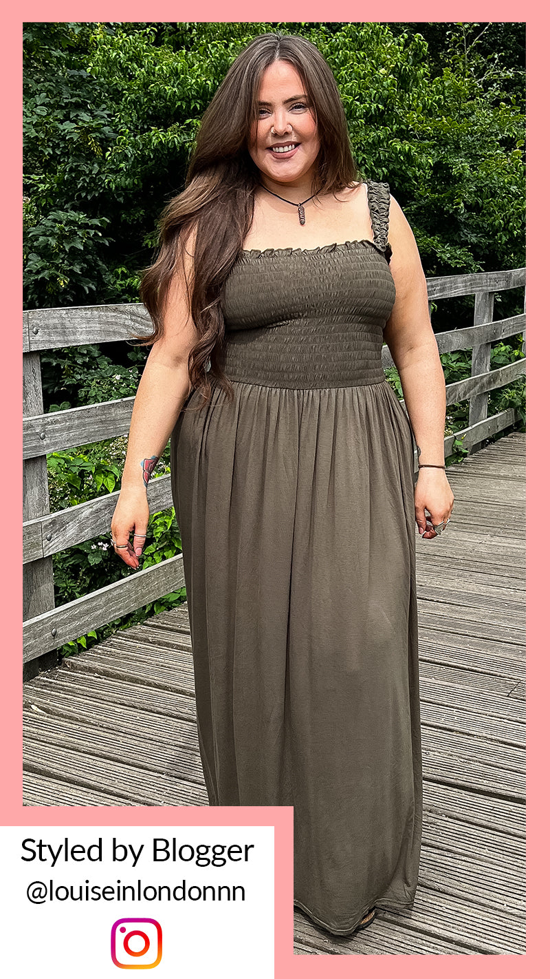 CurveWow Shirred Bust Maxi Dress Khaki