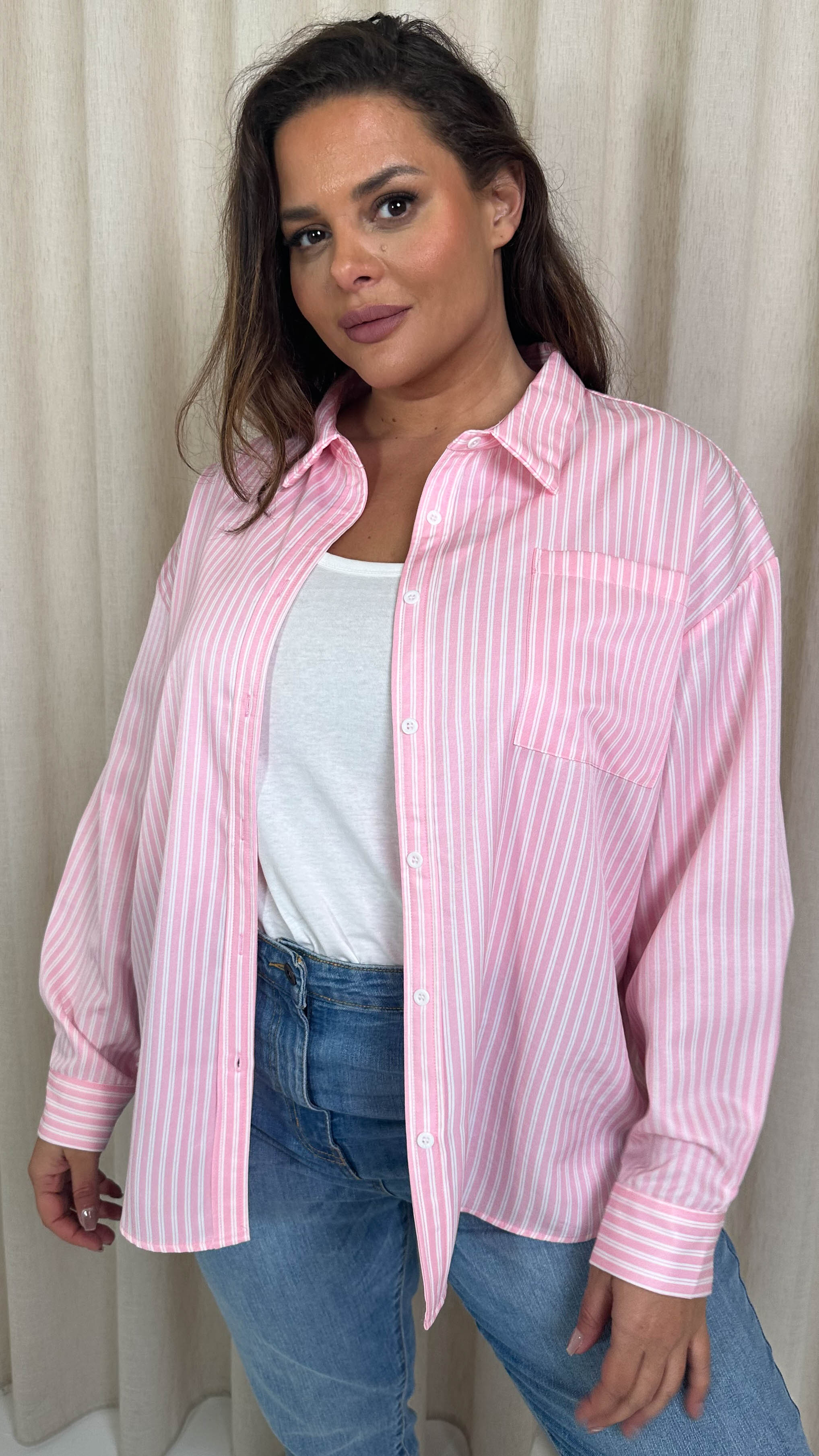 CurveWow Stripe Shirt Pink/White