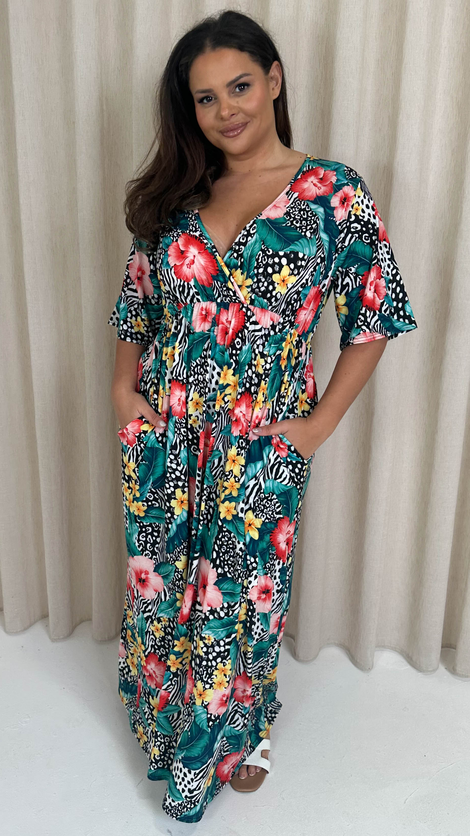 CurveWow Maxi Wrap Dress Animal Palm Print