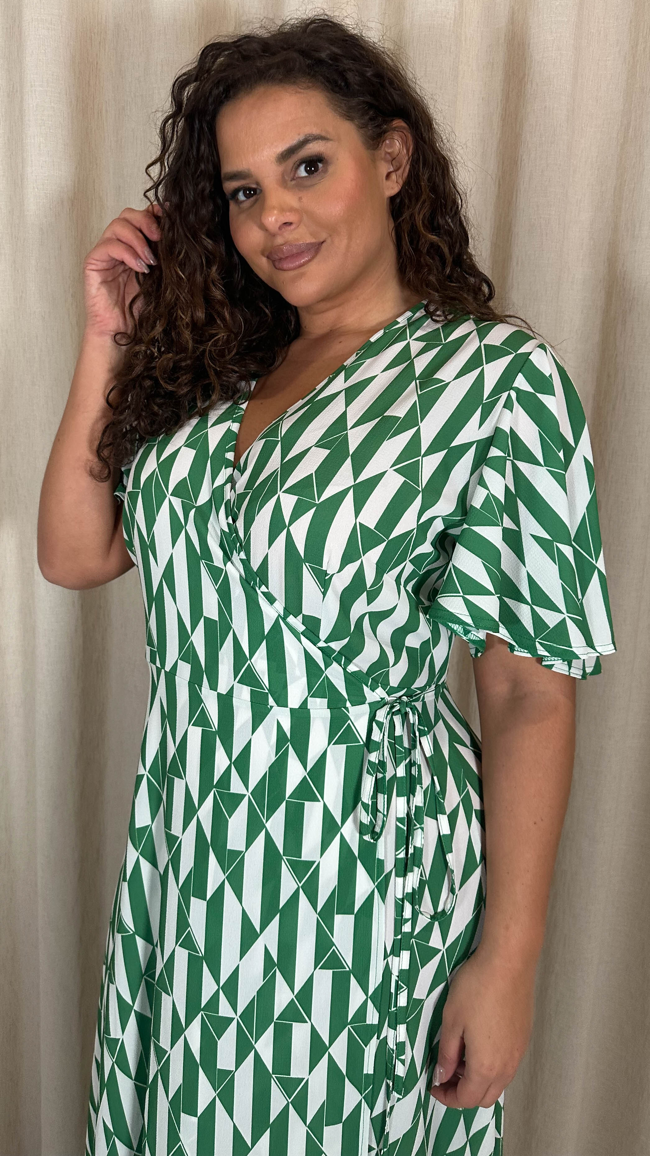 CurveWow Angel Sleeve Wrap Dress Green/White Geo
