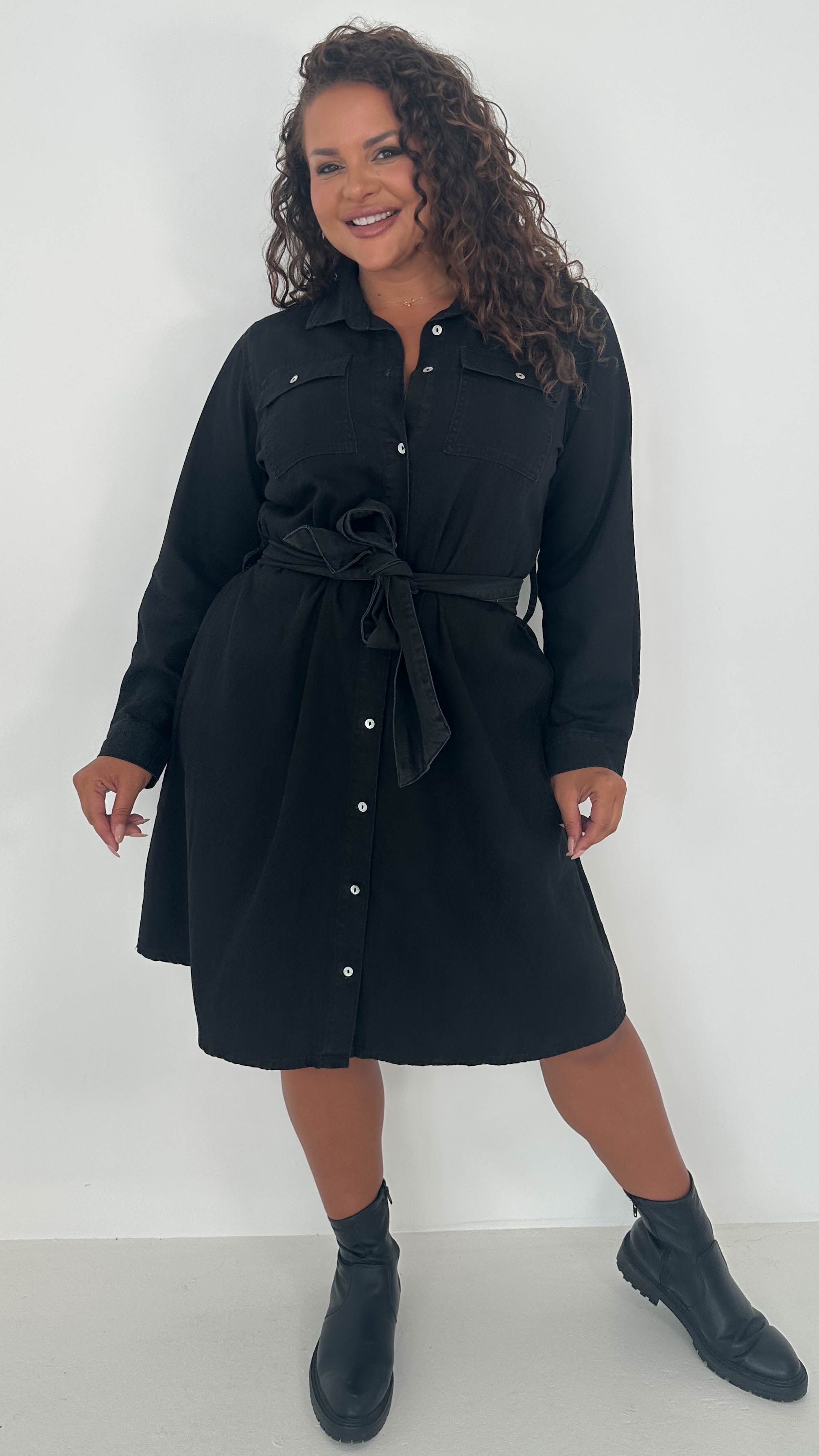 CurveWow Denim Belted Oversized Shirt Dress Black Wash