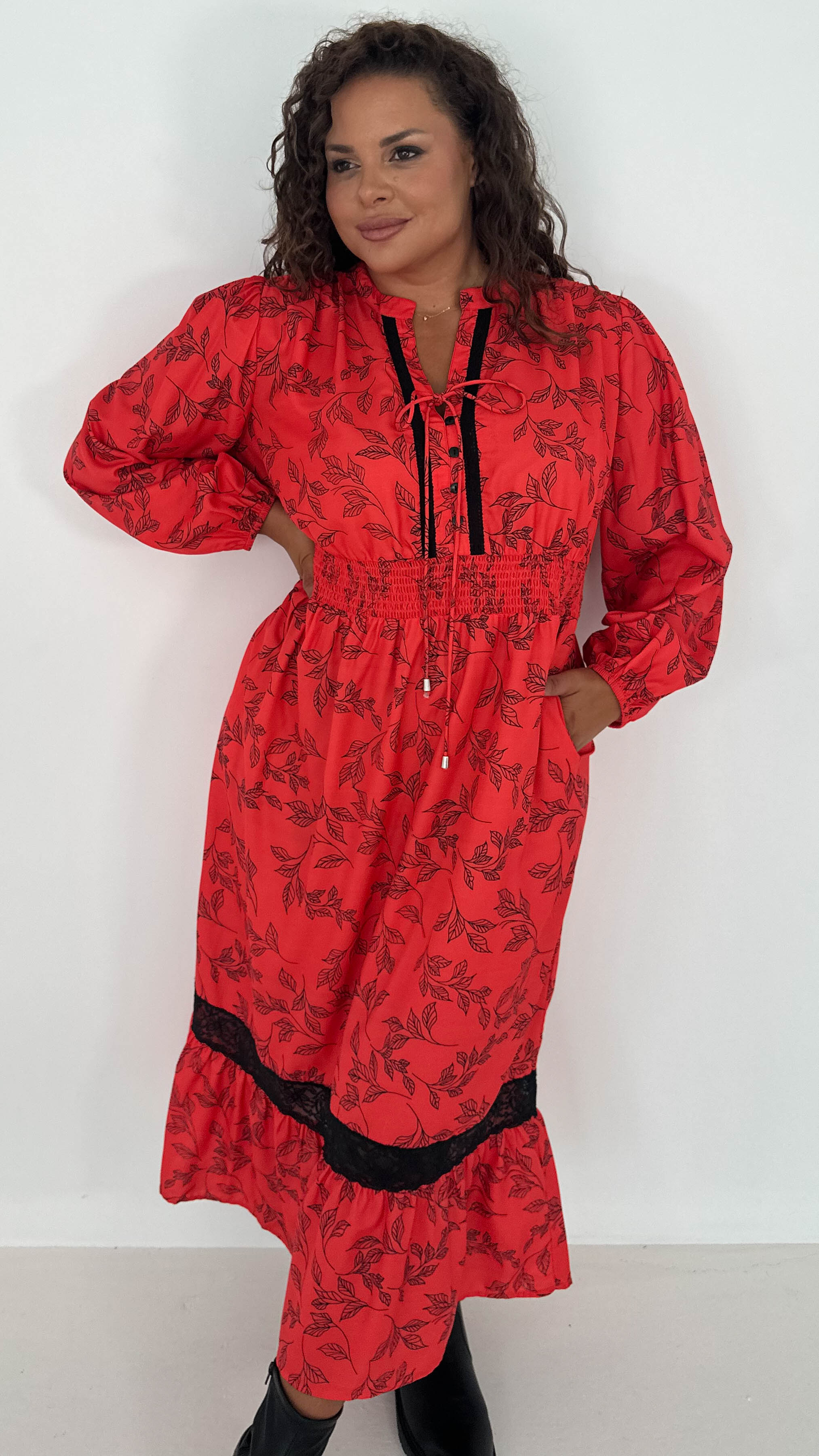 CurveWow Lace Insert Printed Midi Dress Red Leaf