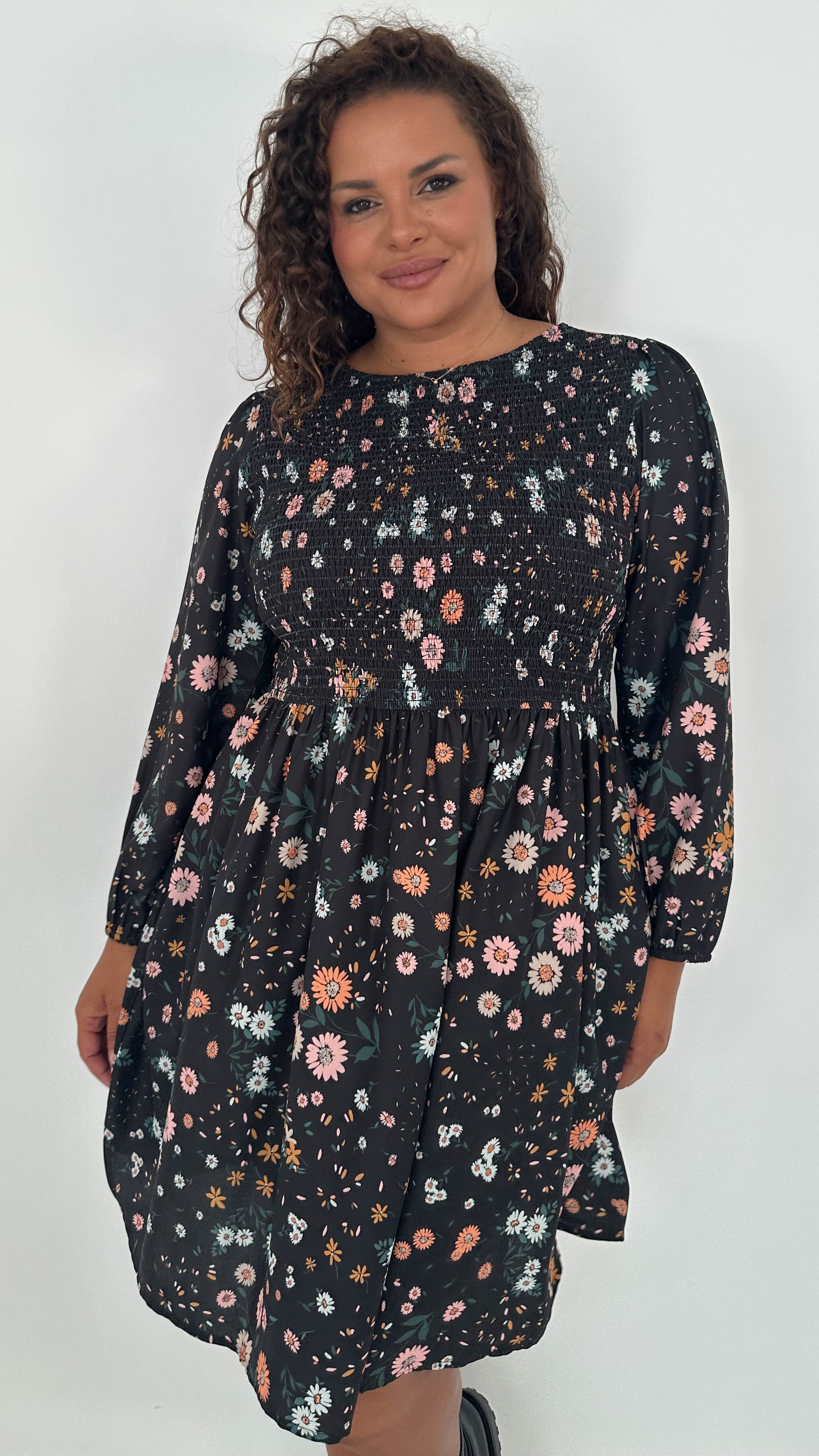 CurveWow Shirred Top Mini Dress Black Daisy