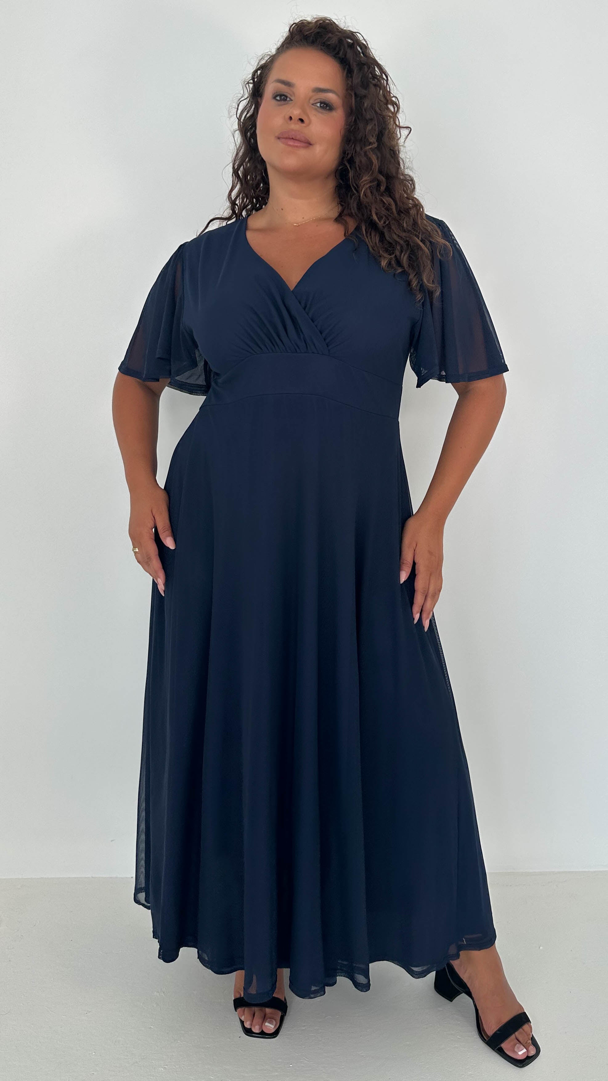 CurveWow Mesh Angel Sleeve Midaxi Dress Navy