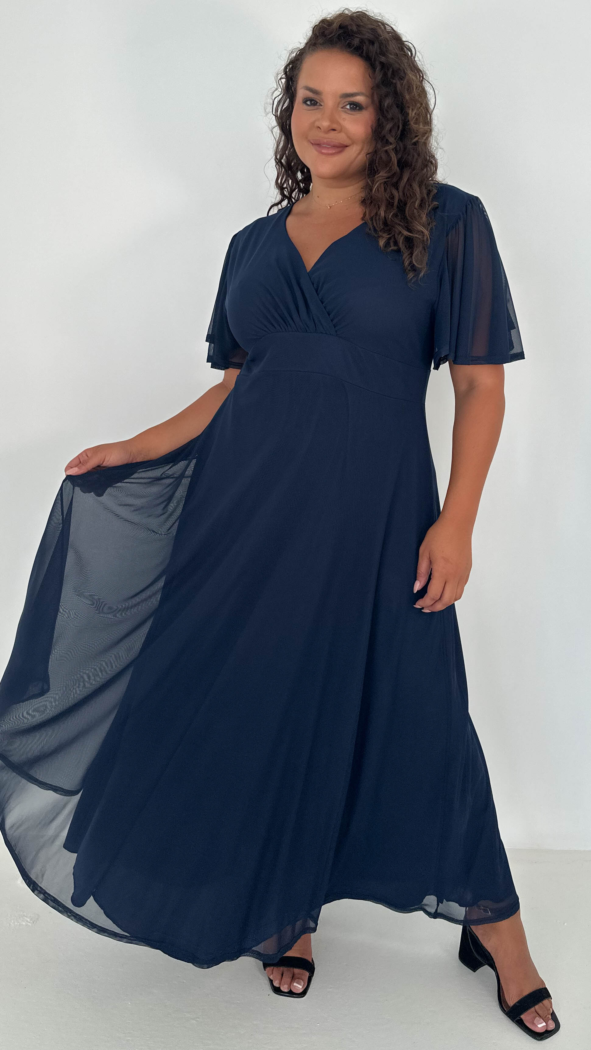 CurveWow Mesh Angel Sleeve Midaxi Dress Navy