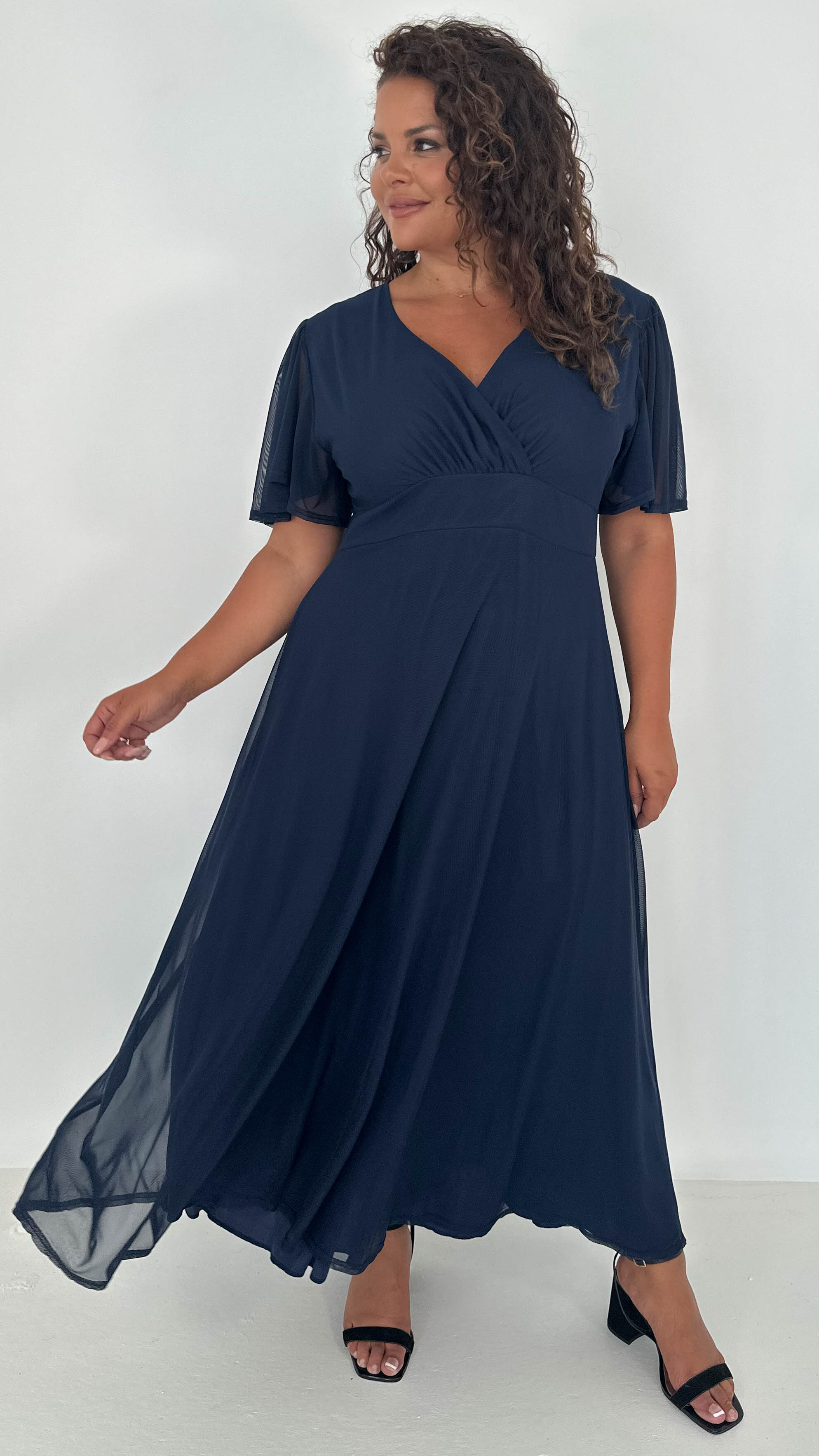 CurveWow Mesh Angel Sleeve Midaxi Dress Navy