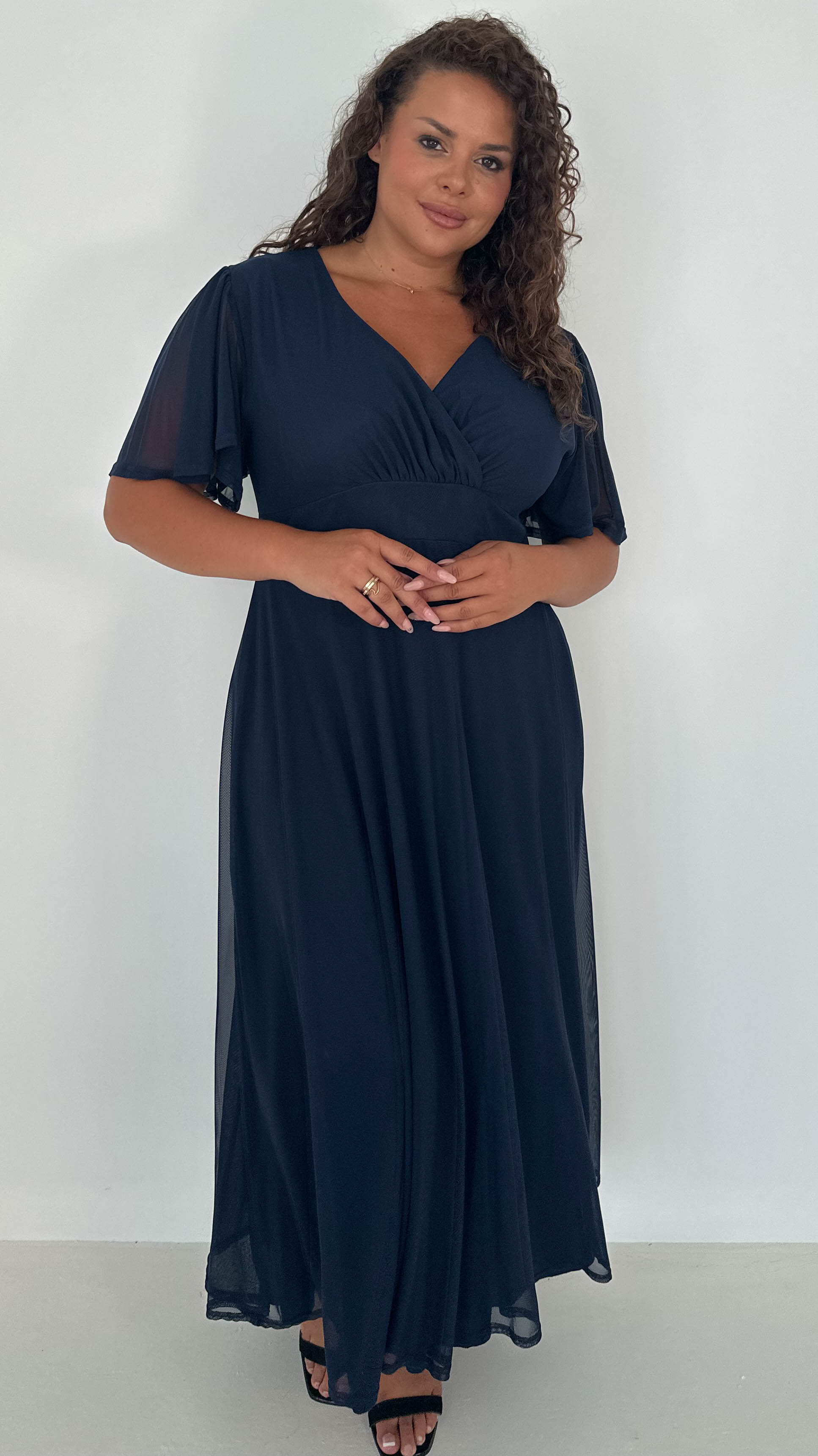 CurveWow Mesh Angel Sleeve Midaxi Dress Navy