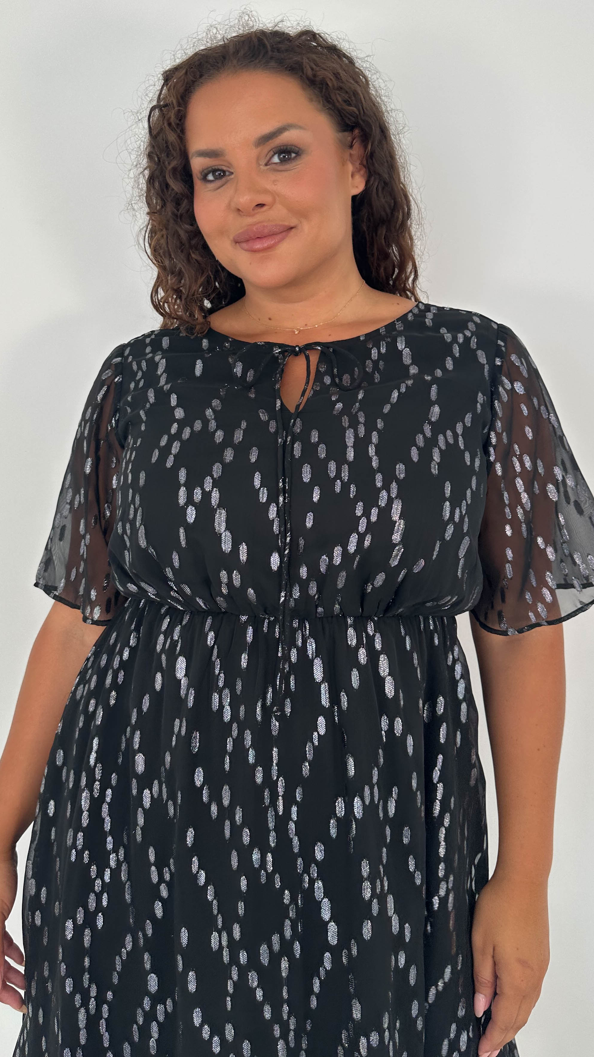 CurveWow Foil Tie Front Midi Dress Black Silver