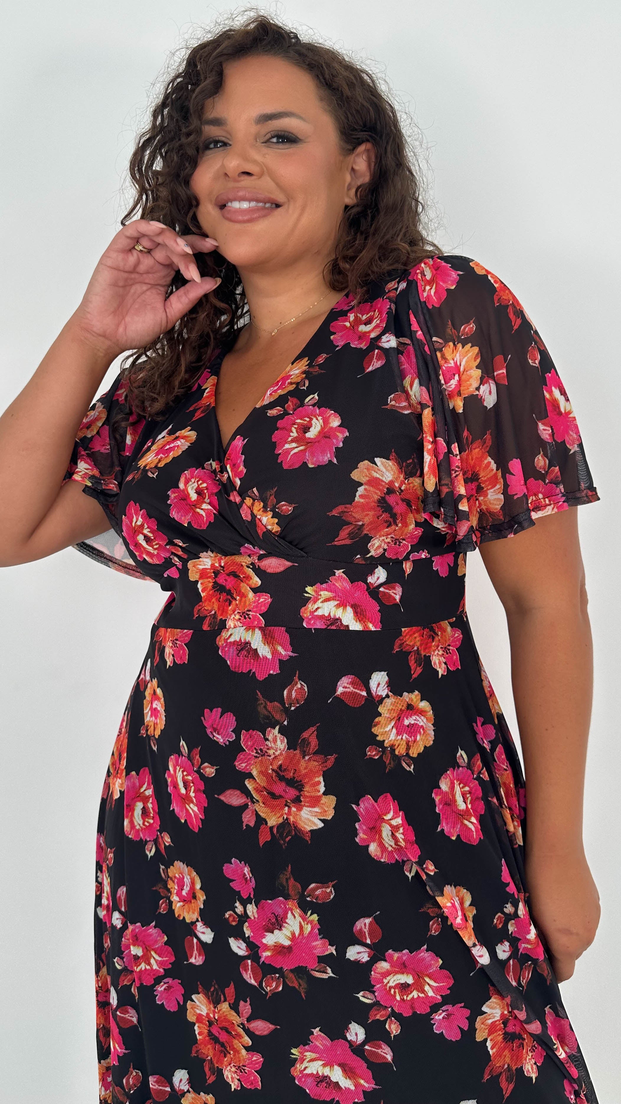 CurveWow Mesh Angel Sleeve Dress Black Pink Floral