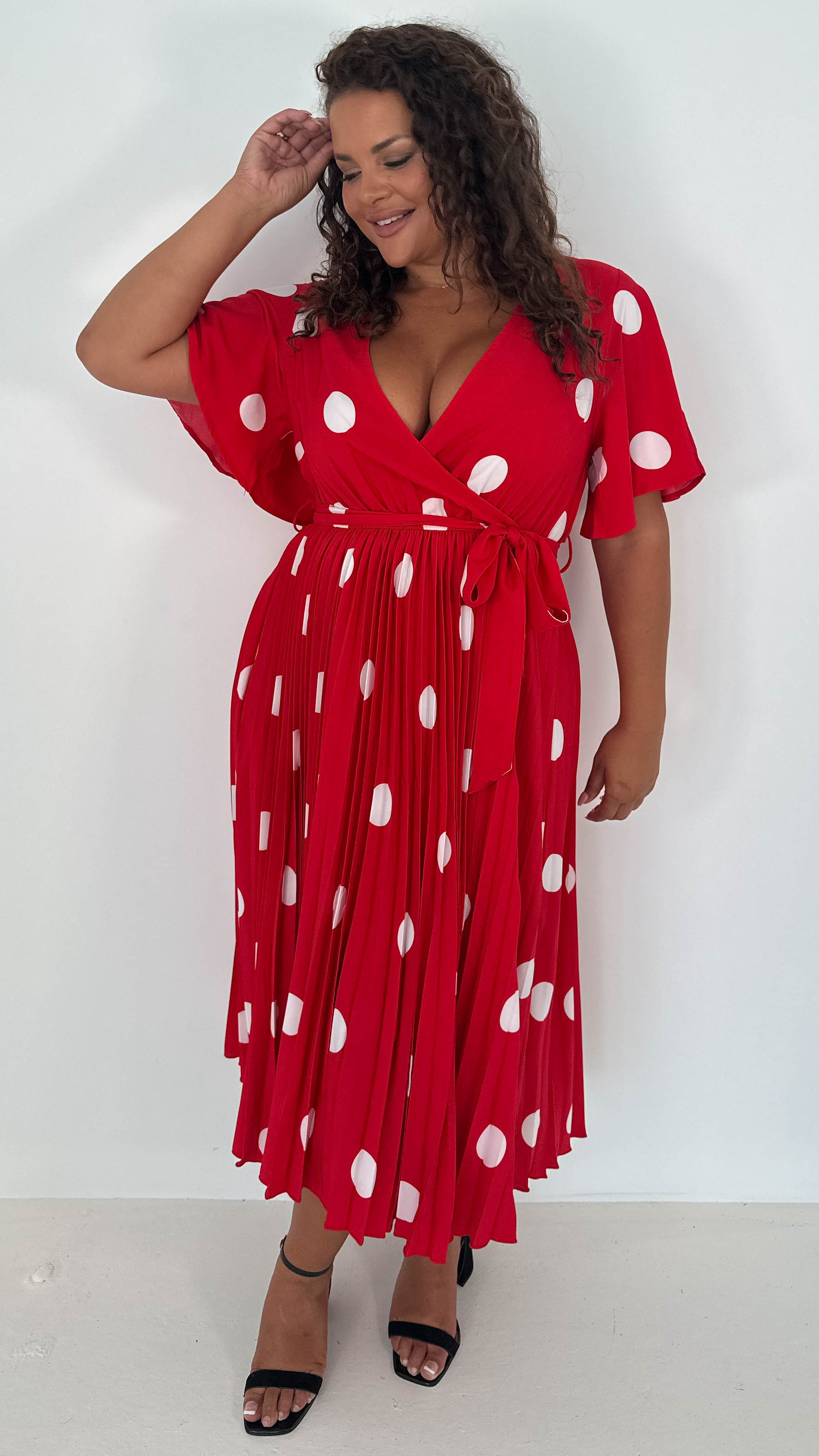 CurveWow Wrap Angel Sleeve Pleated Midi Dress Red Polka Dots