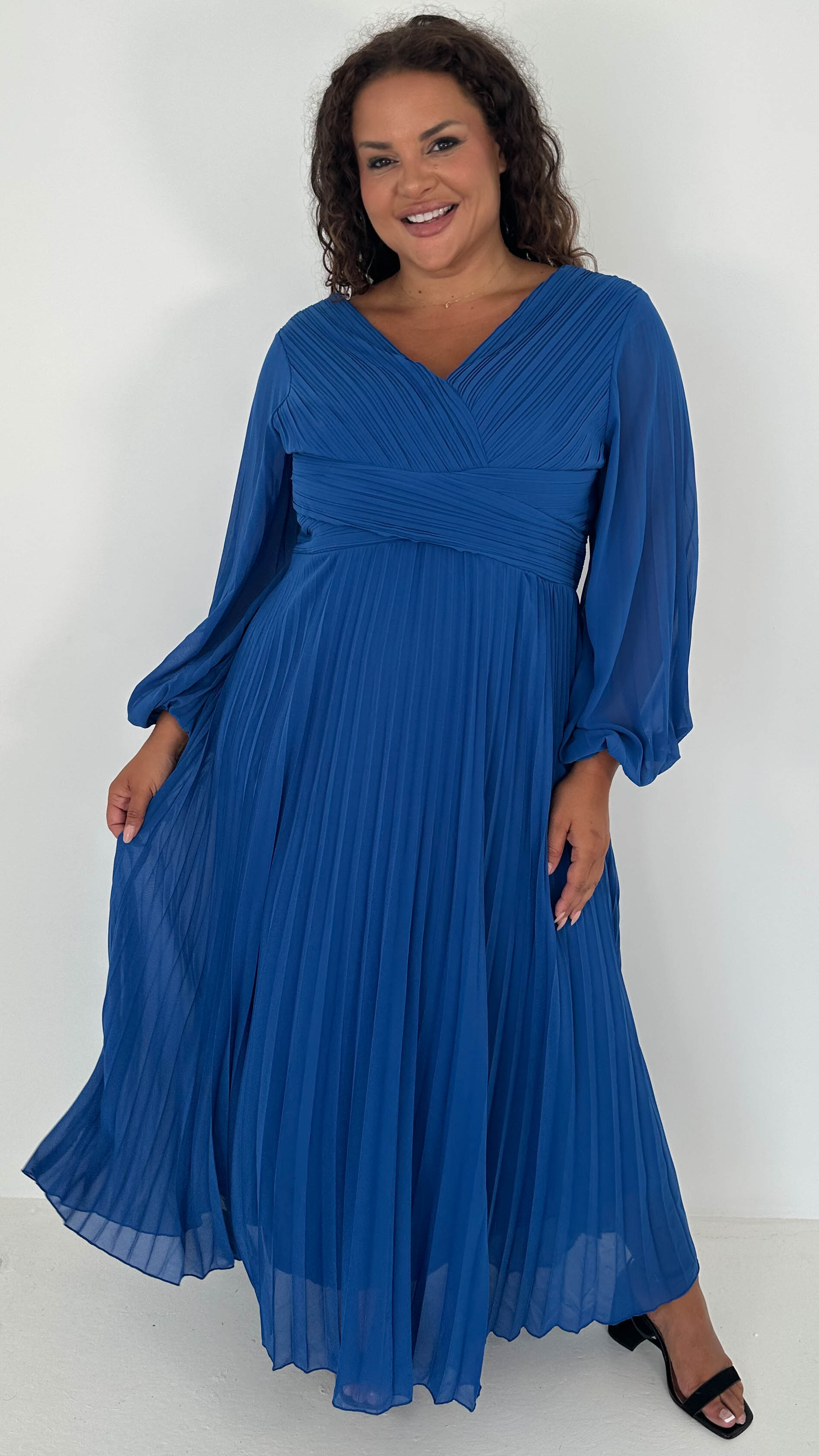 CurveWow Pleated Wrap Maxi Dress Blue