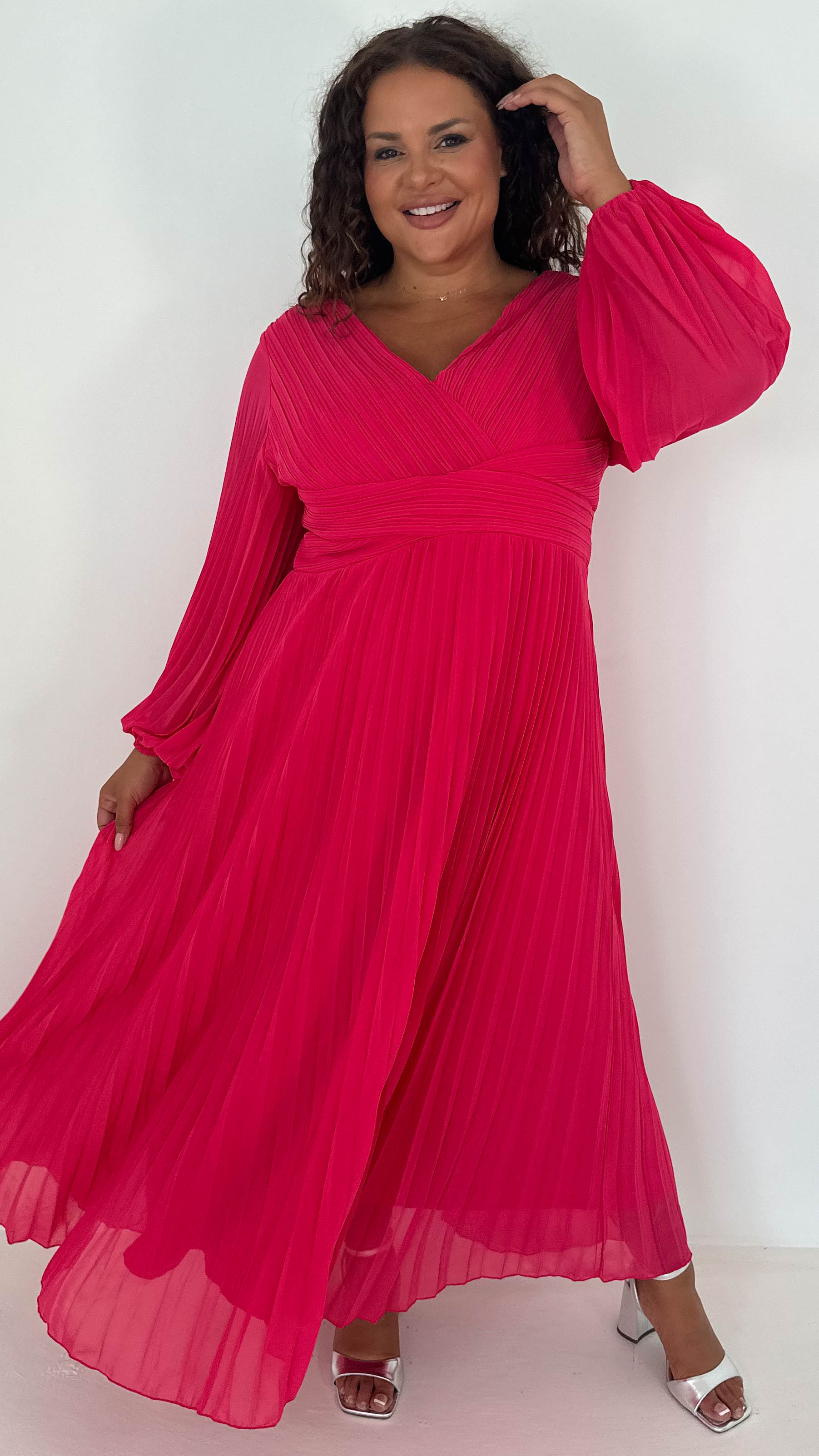 CurveWow Pleated Wrap Maxi Dress Dark Fuchsia