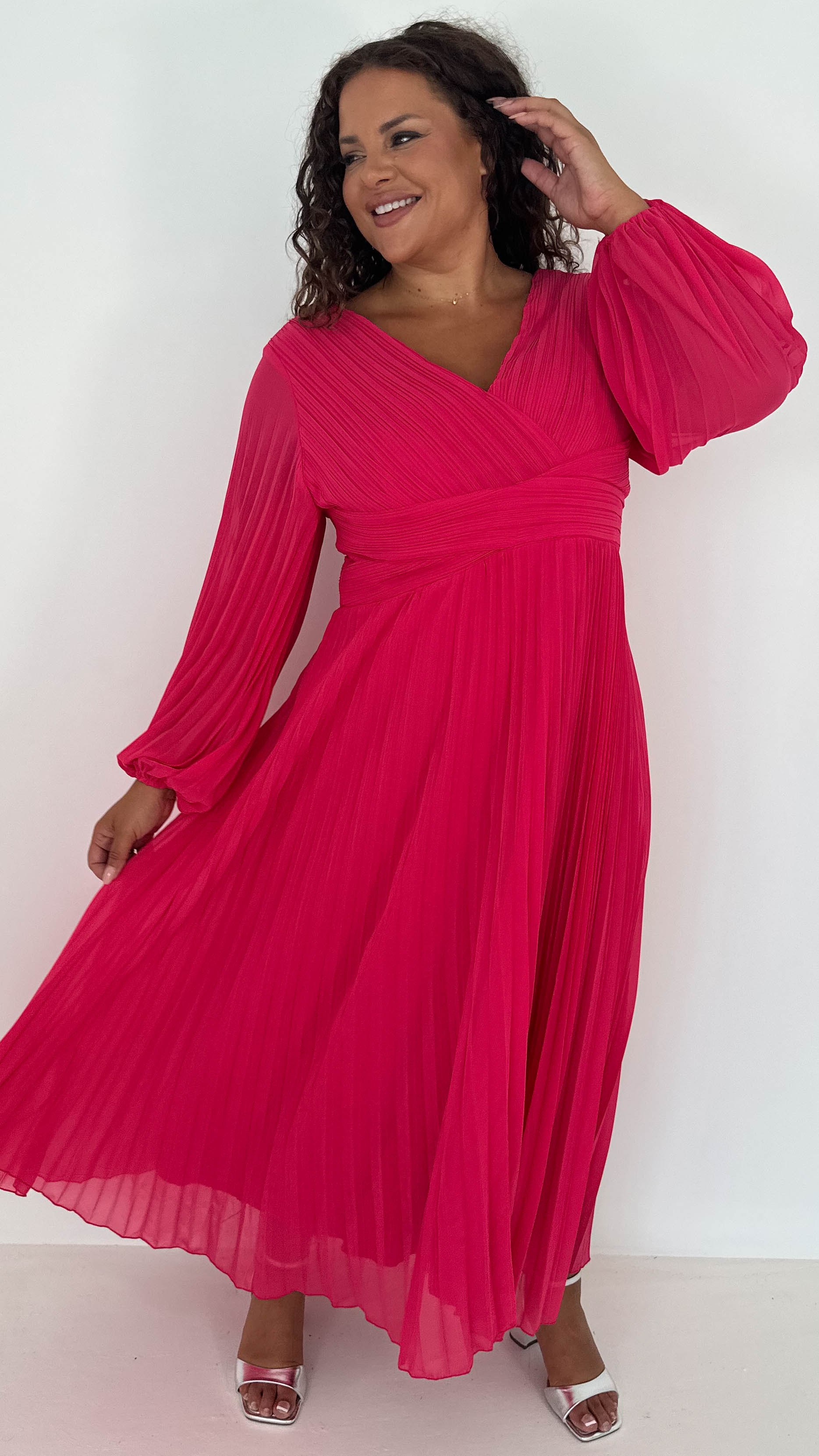CurveWow Pleated Wrap Maxi Dress Dark Fuchsia