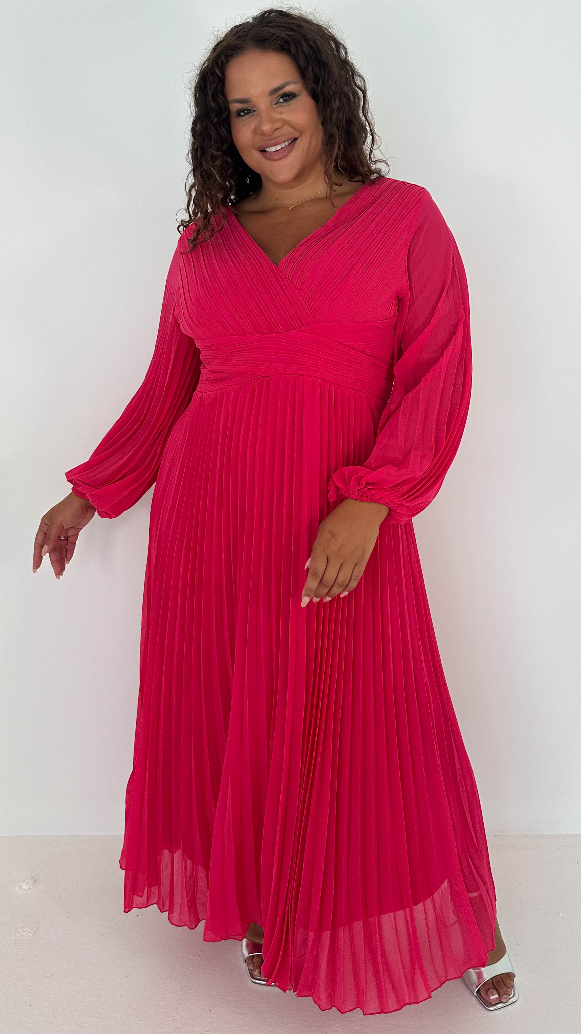 CurveWow Pleated Wrap Maxi Dress Dark Fuchsia