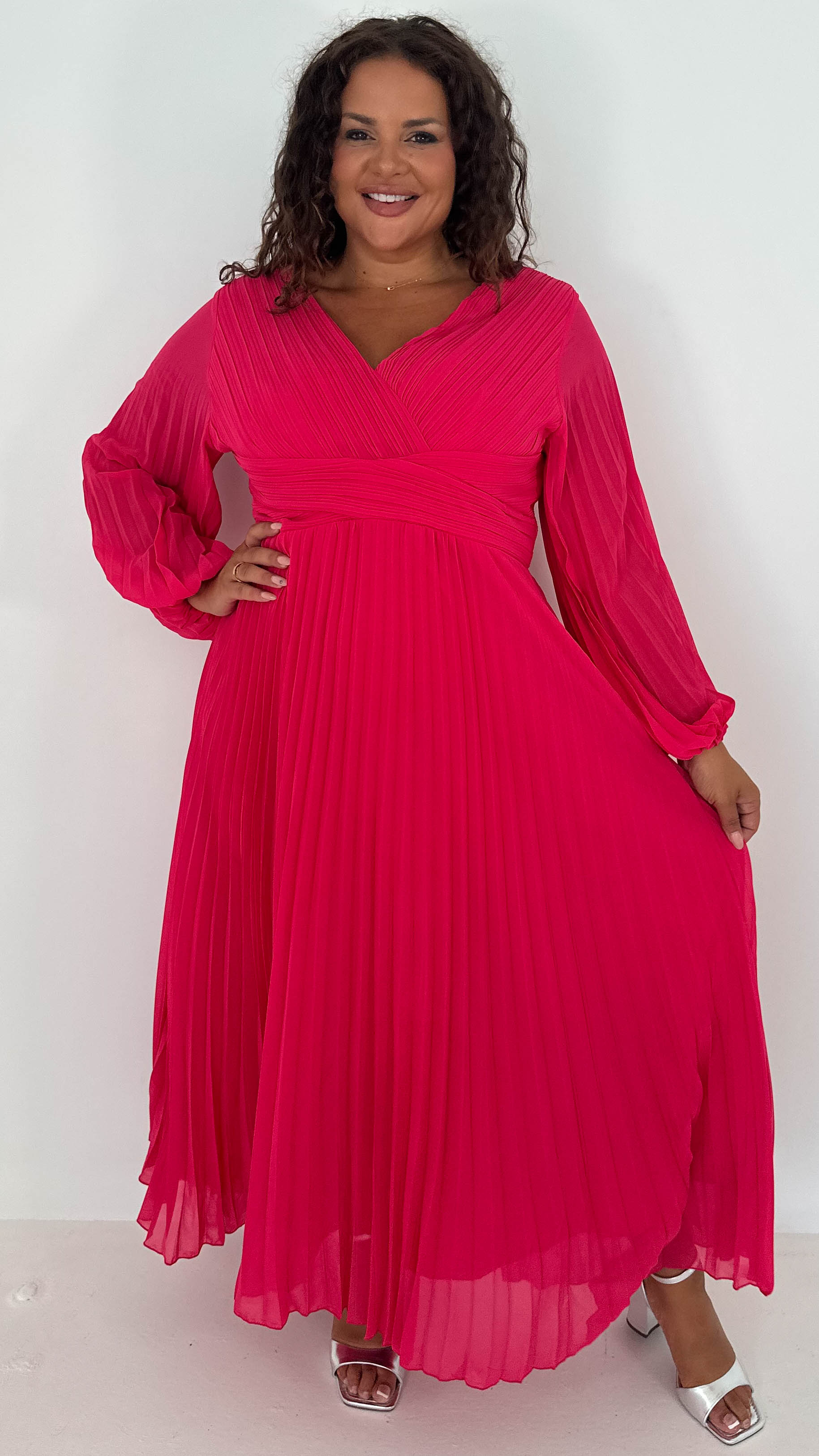CurveWow Pleated Wrap Maxi Dress Dark Fuchsia