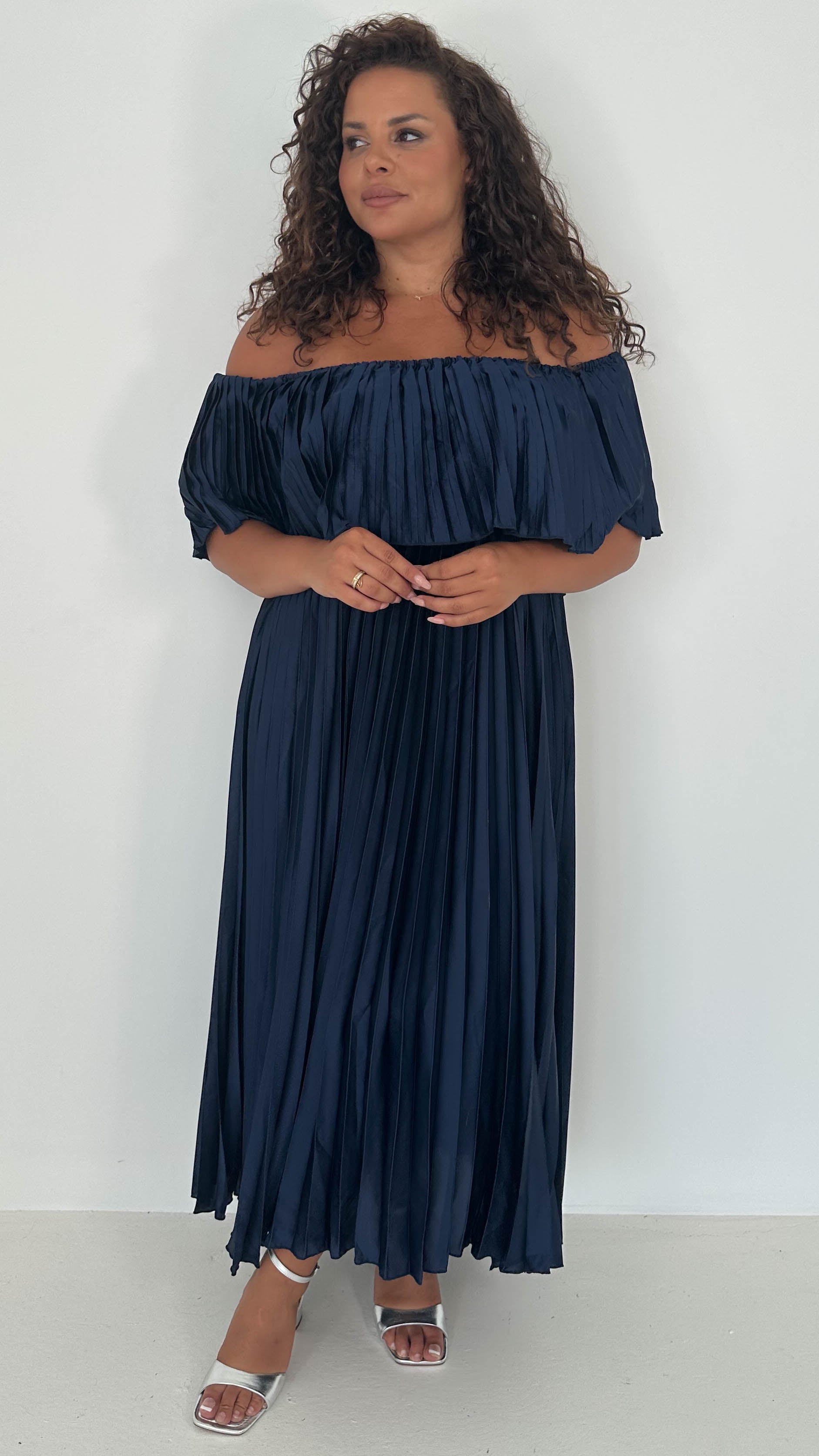 CurveWow Pleated Bardot Maxi Dress Navy