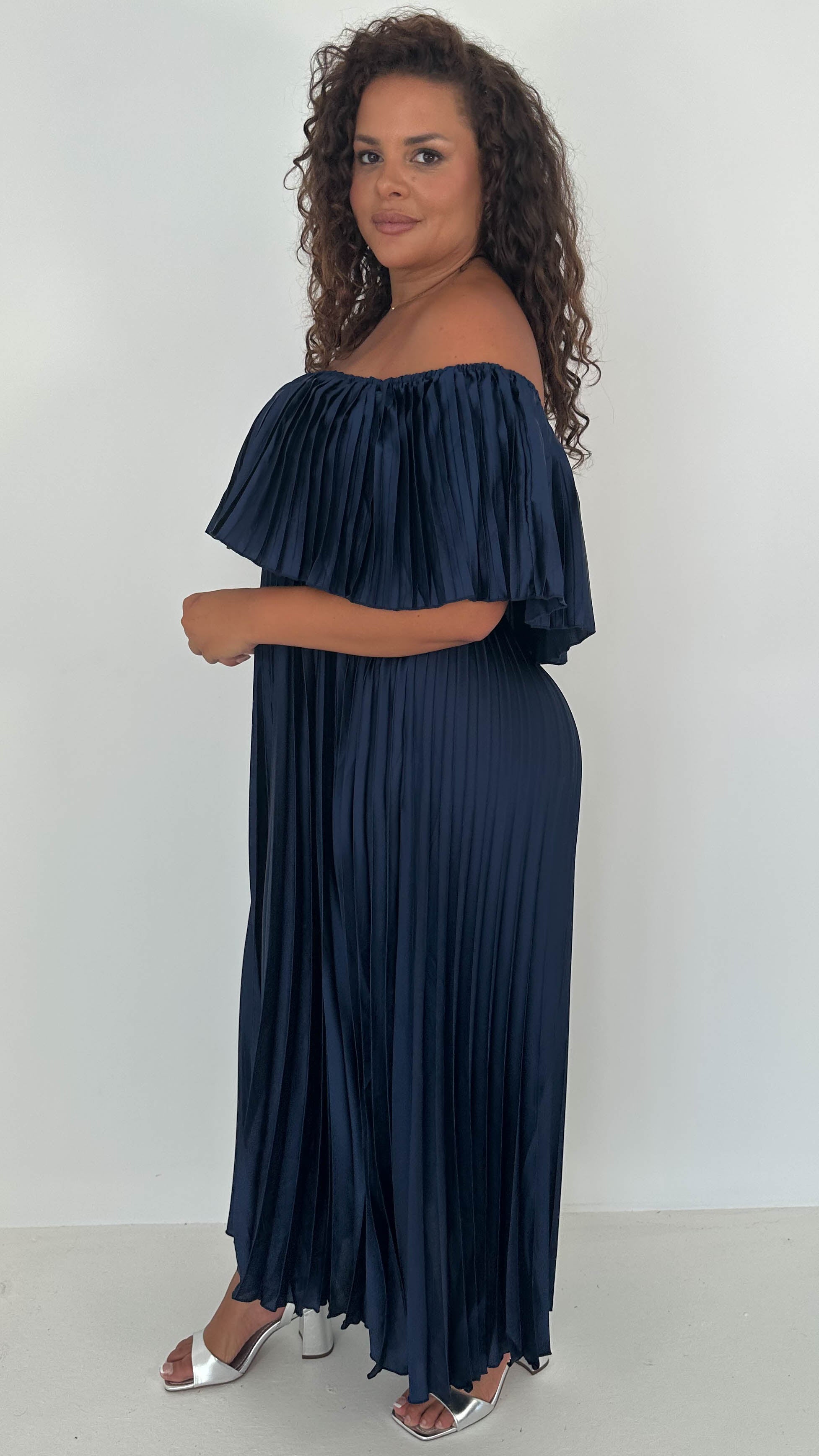 CurveWow Pleated Bardot Maxi Dress Navy