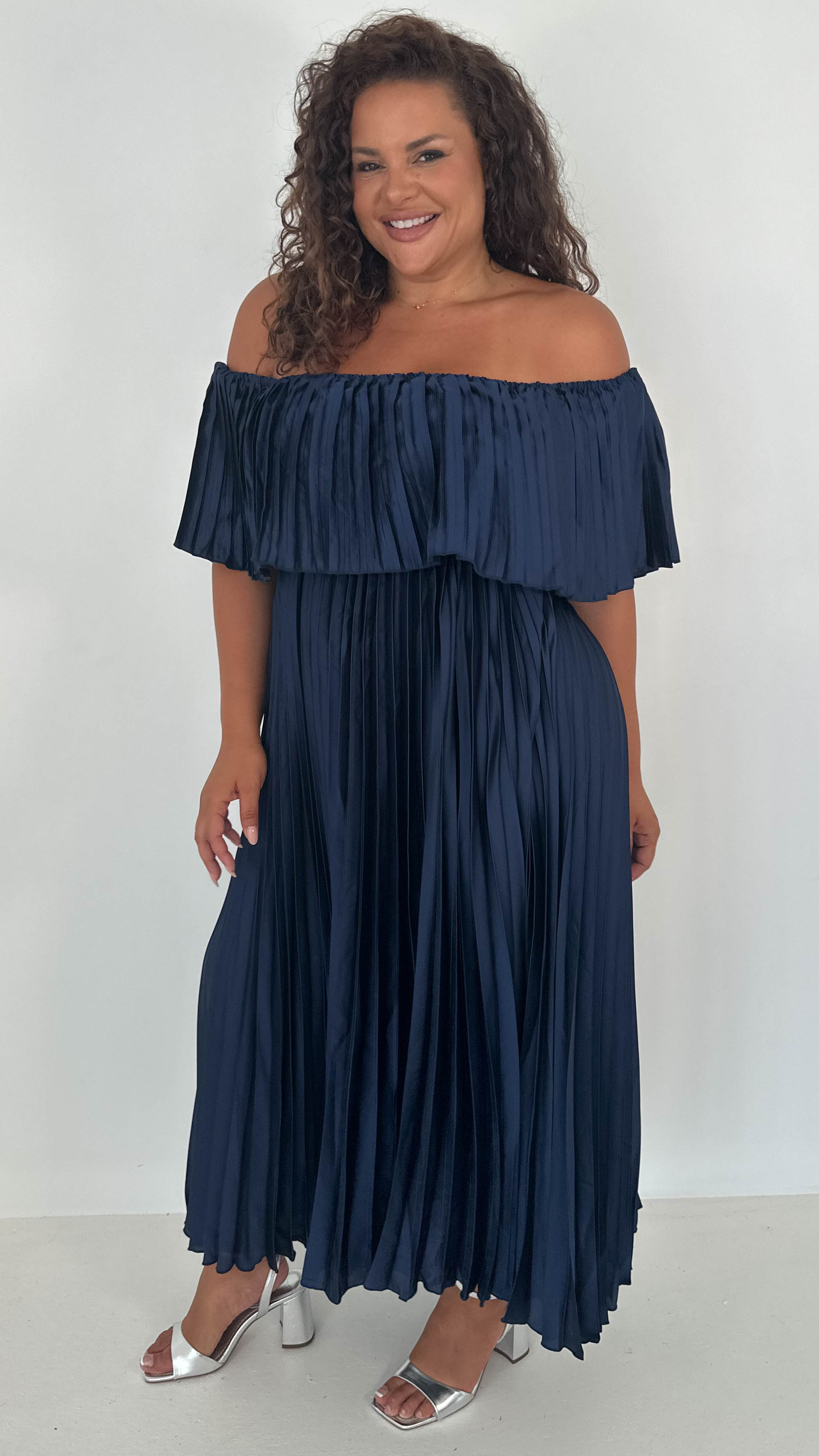 CurveWow Pleated Bardot Maxi Dress Navy