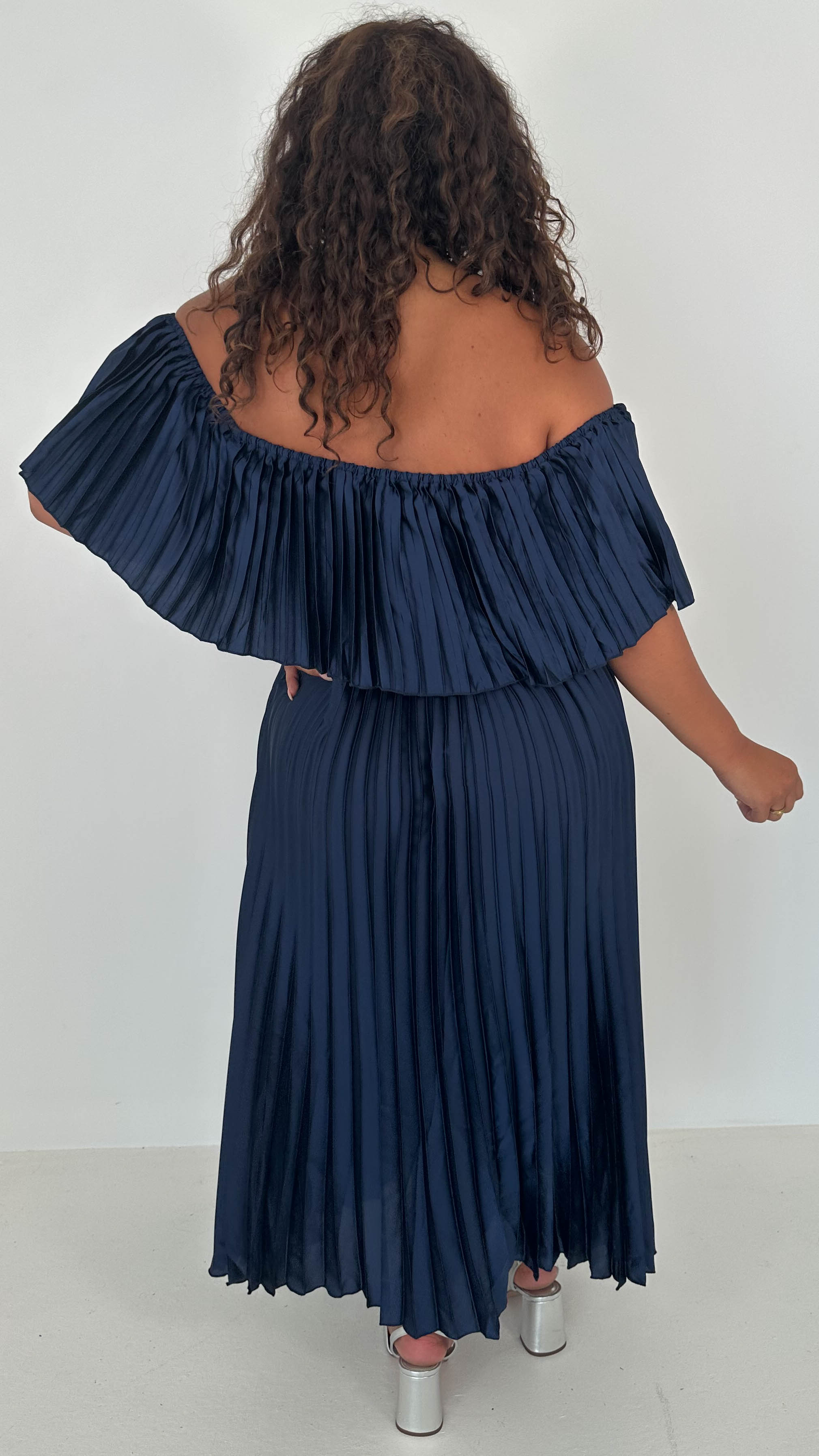 CurveWow Pleated Bardot Maxi Dress Navy