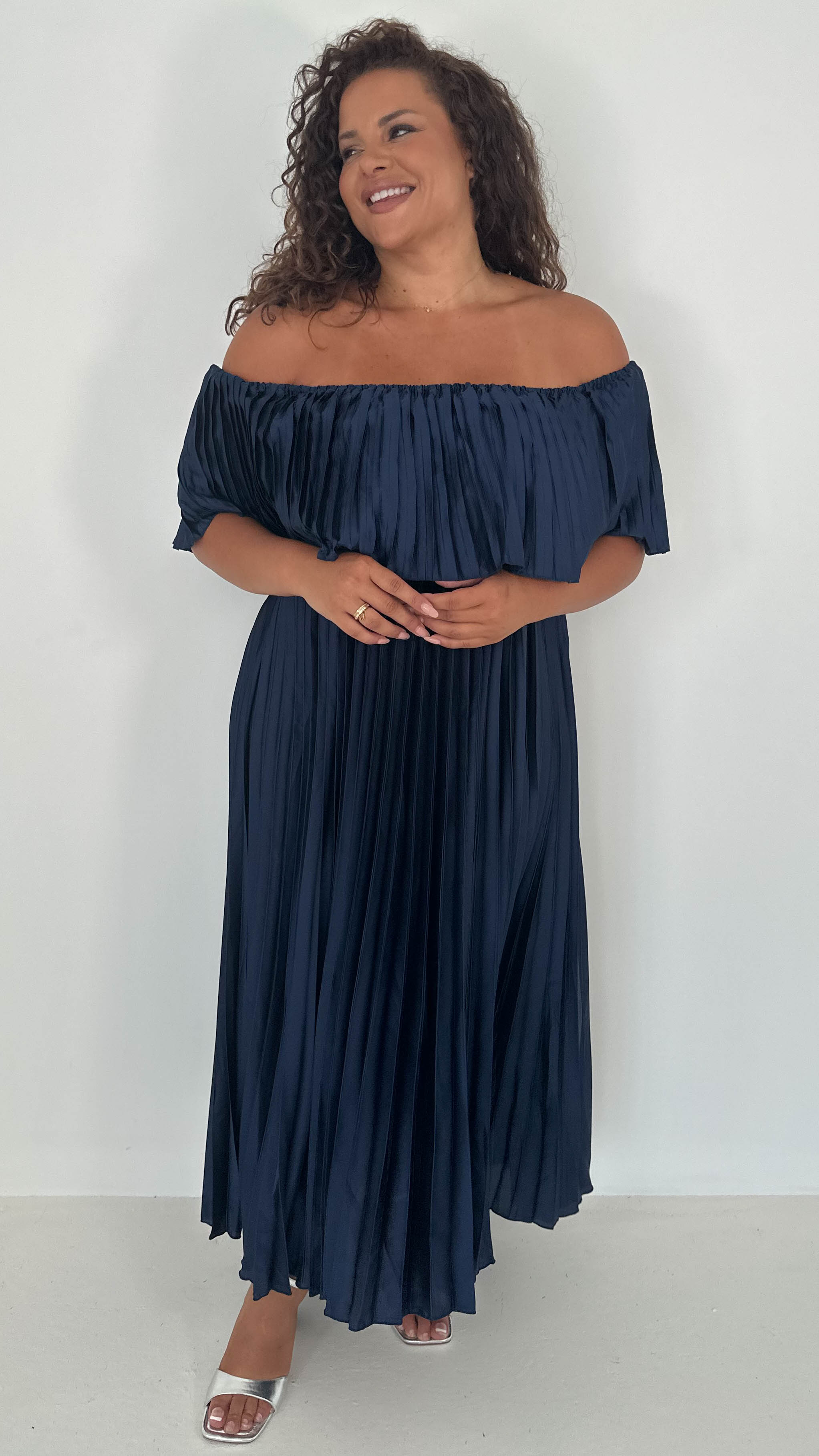 CurveWow Pleated Bardot Maxi Dress Navy