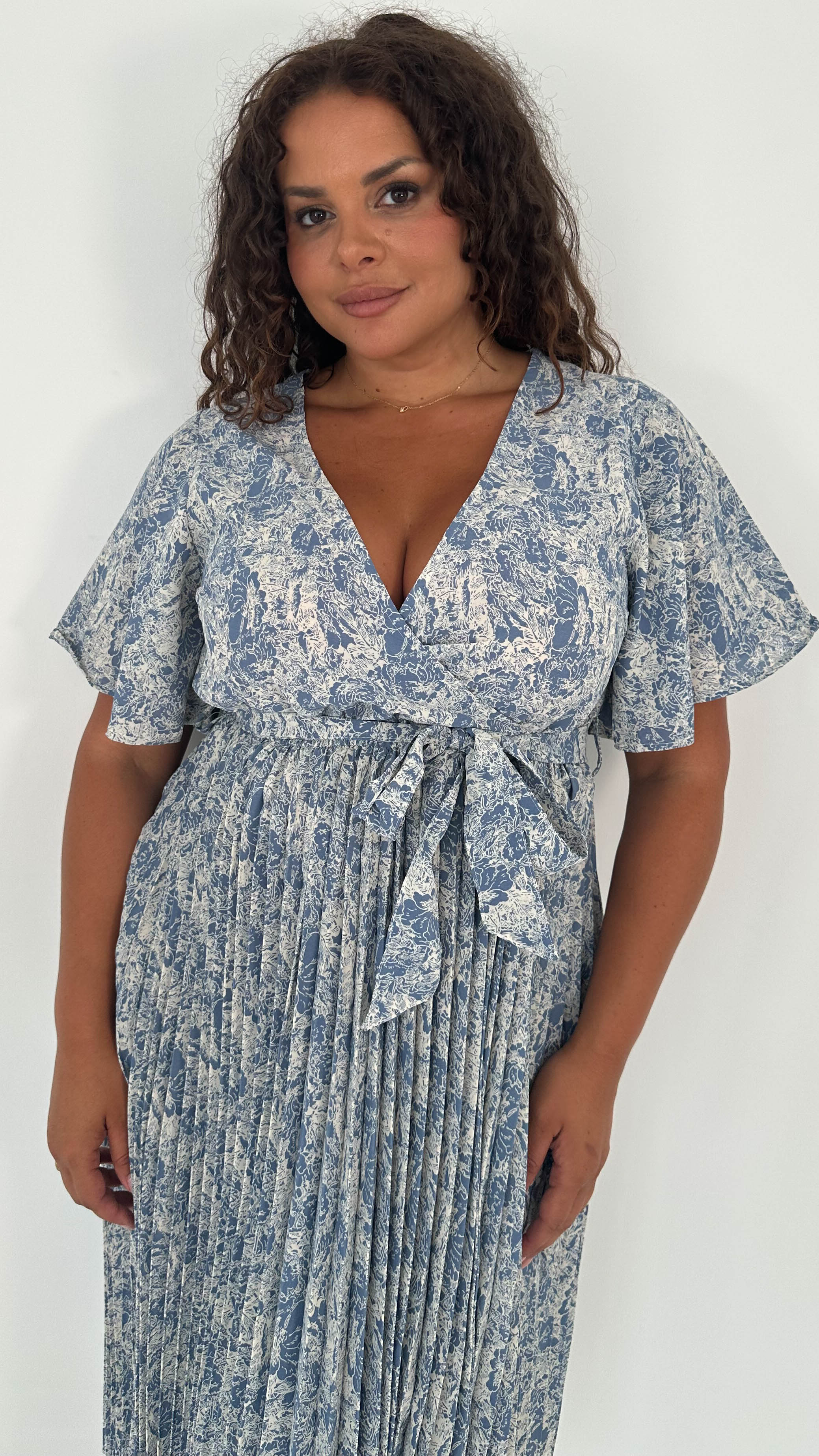 CurveWow Wrap Angel Sleeve Pleated Midi Dress Blue