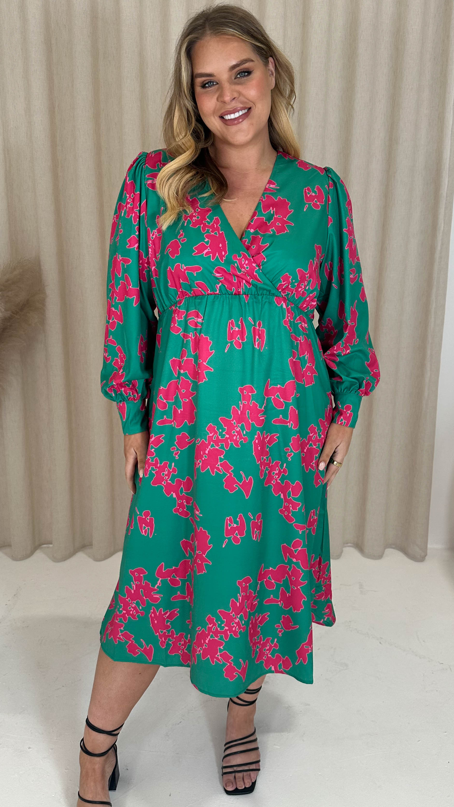 CurveWow Drape Front Skater Midi Dress Green Floral