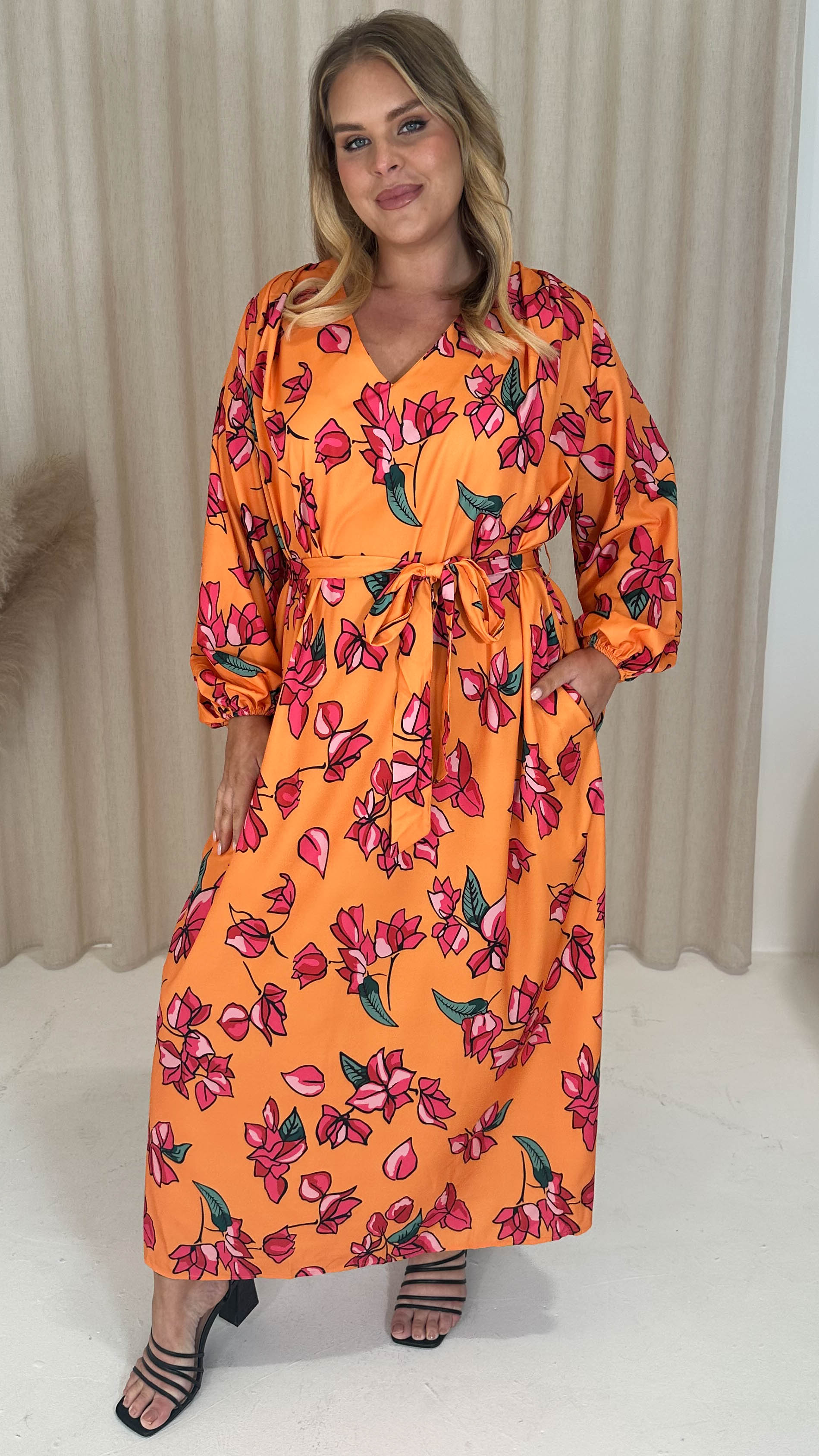 CurveWow V Neck Maxi Dress Pink Floral