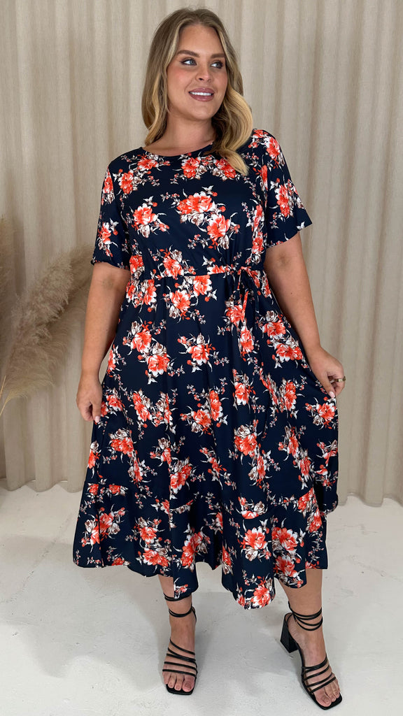 CurveWow Frill Hem Tie Waist Shirt Dress Blue Floral
