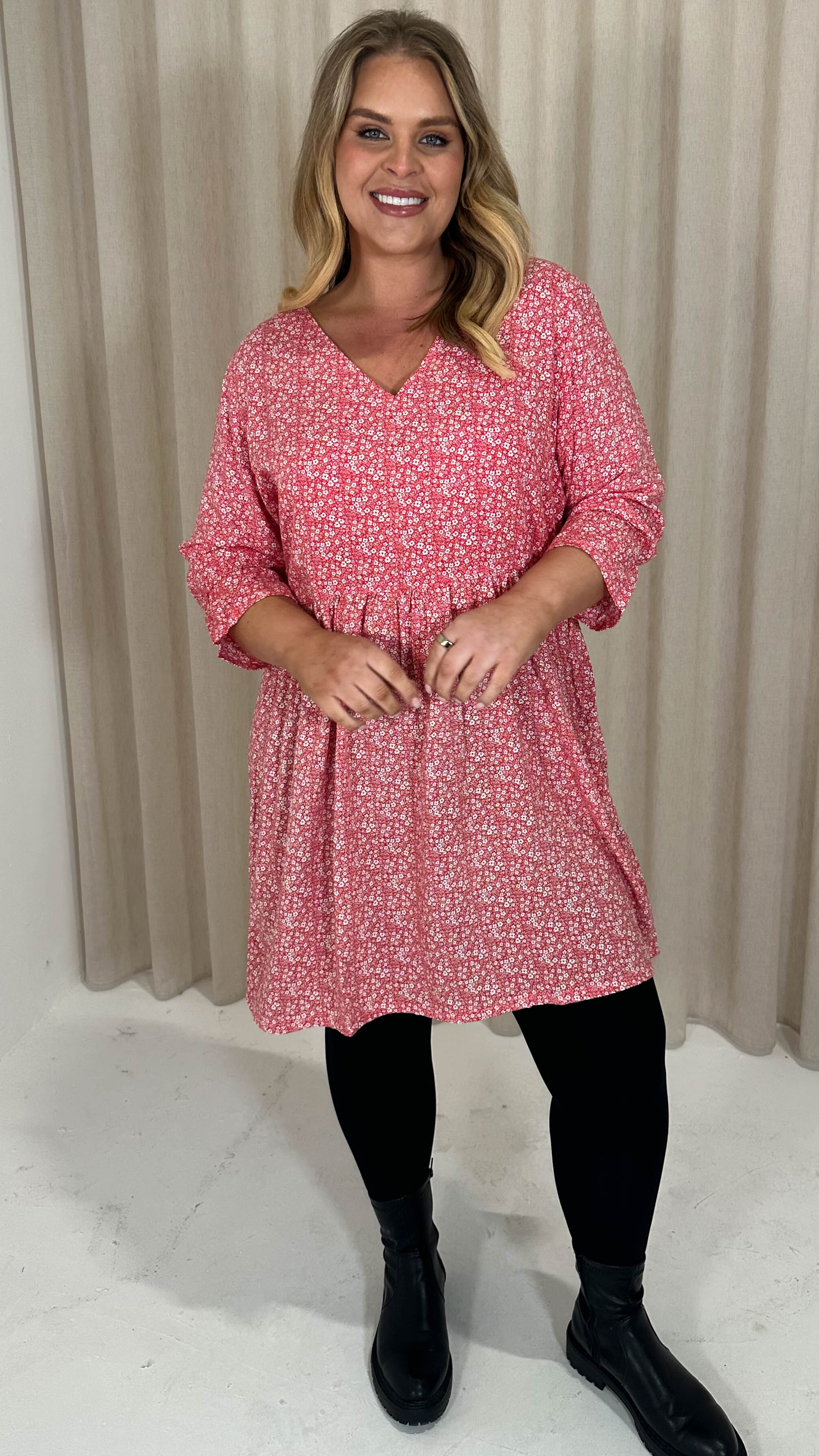 CurveWow Printed Smock Mini Dress Red Ditsy